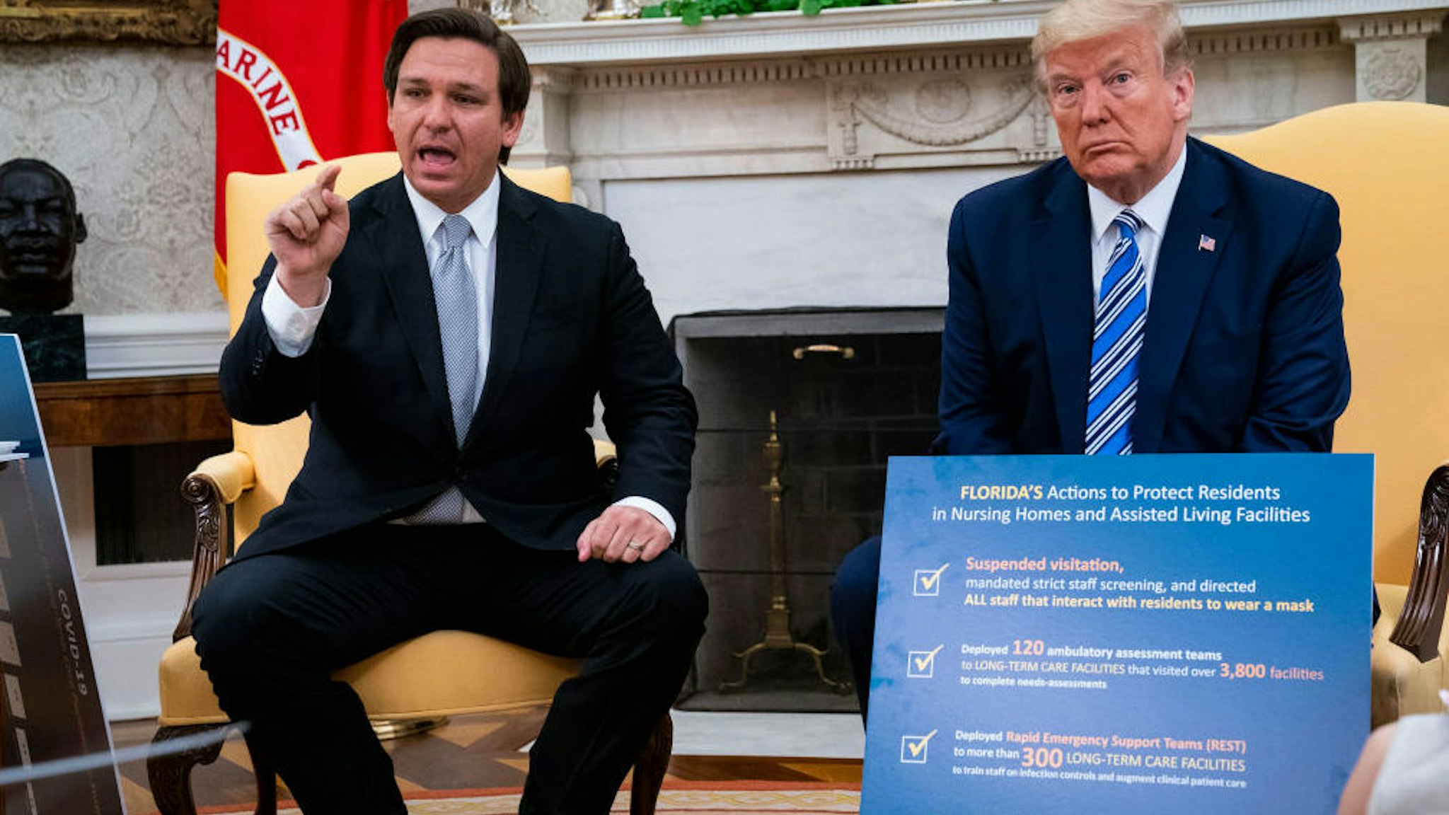 Florida Gov. Ron DeSantis (L) speaks while meeting with U.S. President Donald Trump in the Oval Office of the White House on April 28, 2020 in Washington, DC. Trump met with DeSantis to discuss ways that Florida is planning to gradually re-open the state in the wake of the COVID-19 pandemic.