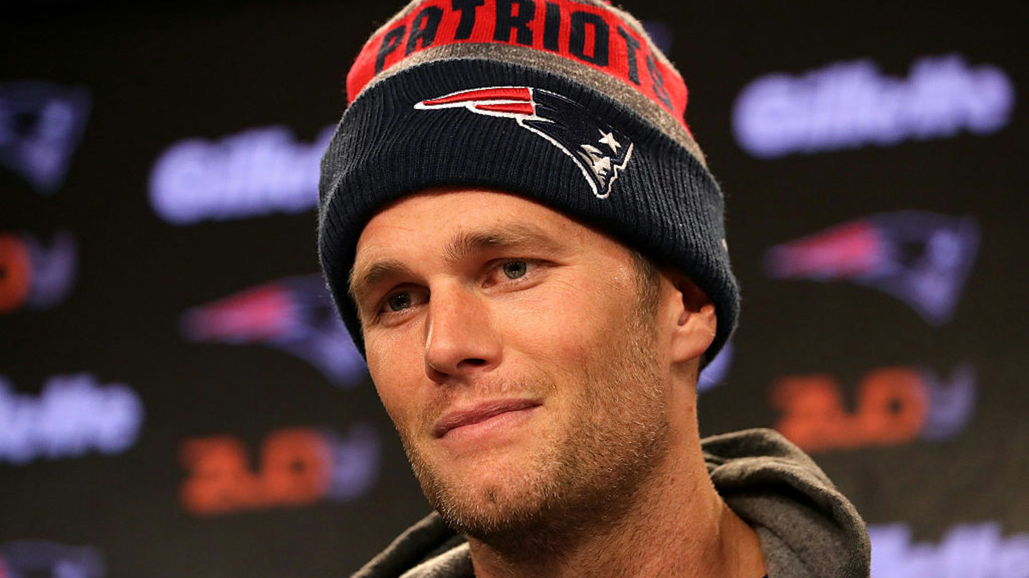 New England Patriots quarterback Tom Brady (12) responds to a question about his support of President Elect Donald Trump during his morning media availability at Gillette Stadium in Foxborough, Mass., on Nov. 09, 2016.