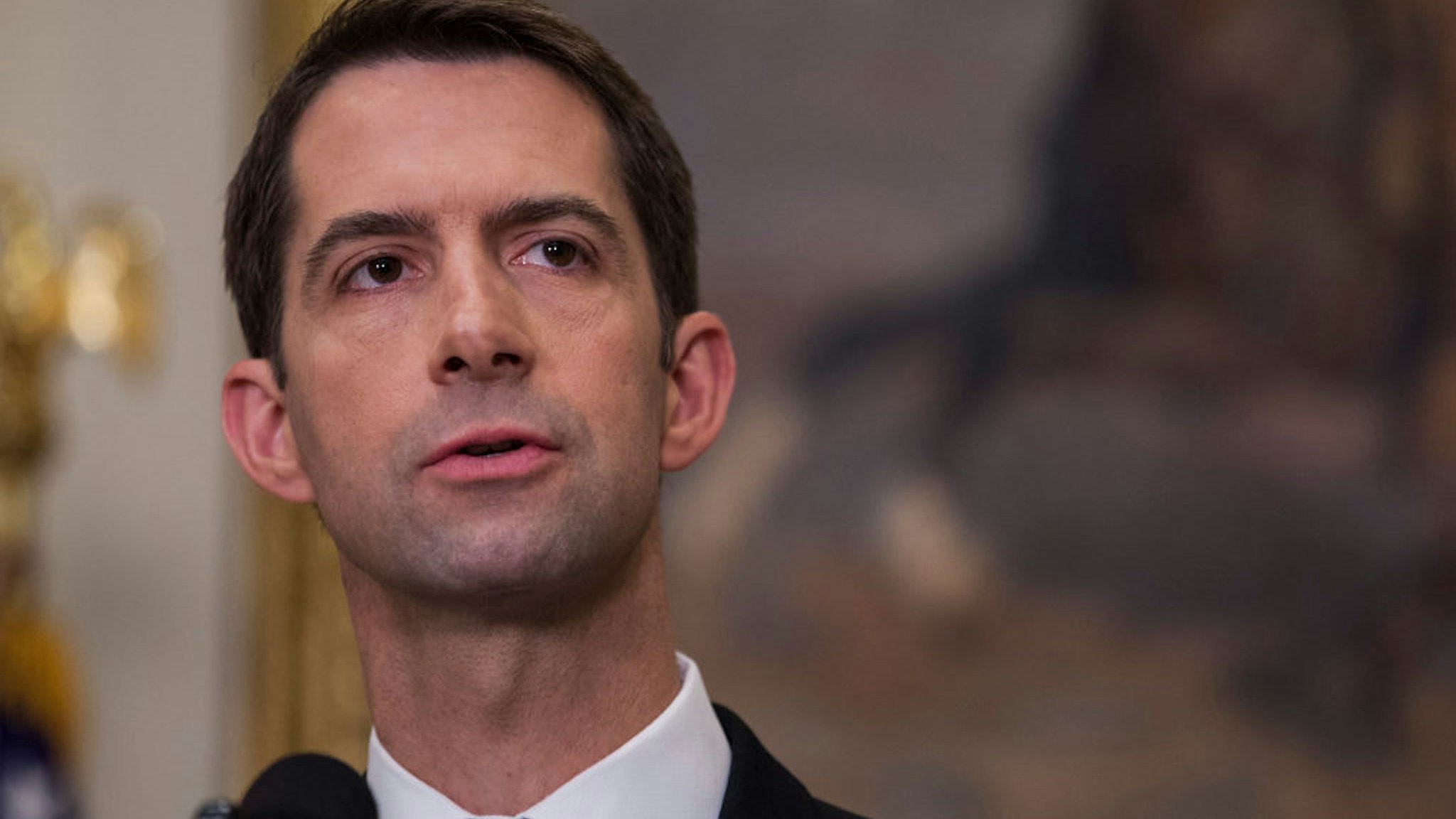 Sen. Tom Cotton (R-AR) makes an announcement on the introduction of the Reforming American Immigration for a Strong Economy (RAISE) Act in the Roosevelt Room at the White House on August 2, 2017 in Washington, DC.