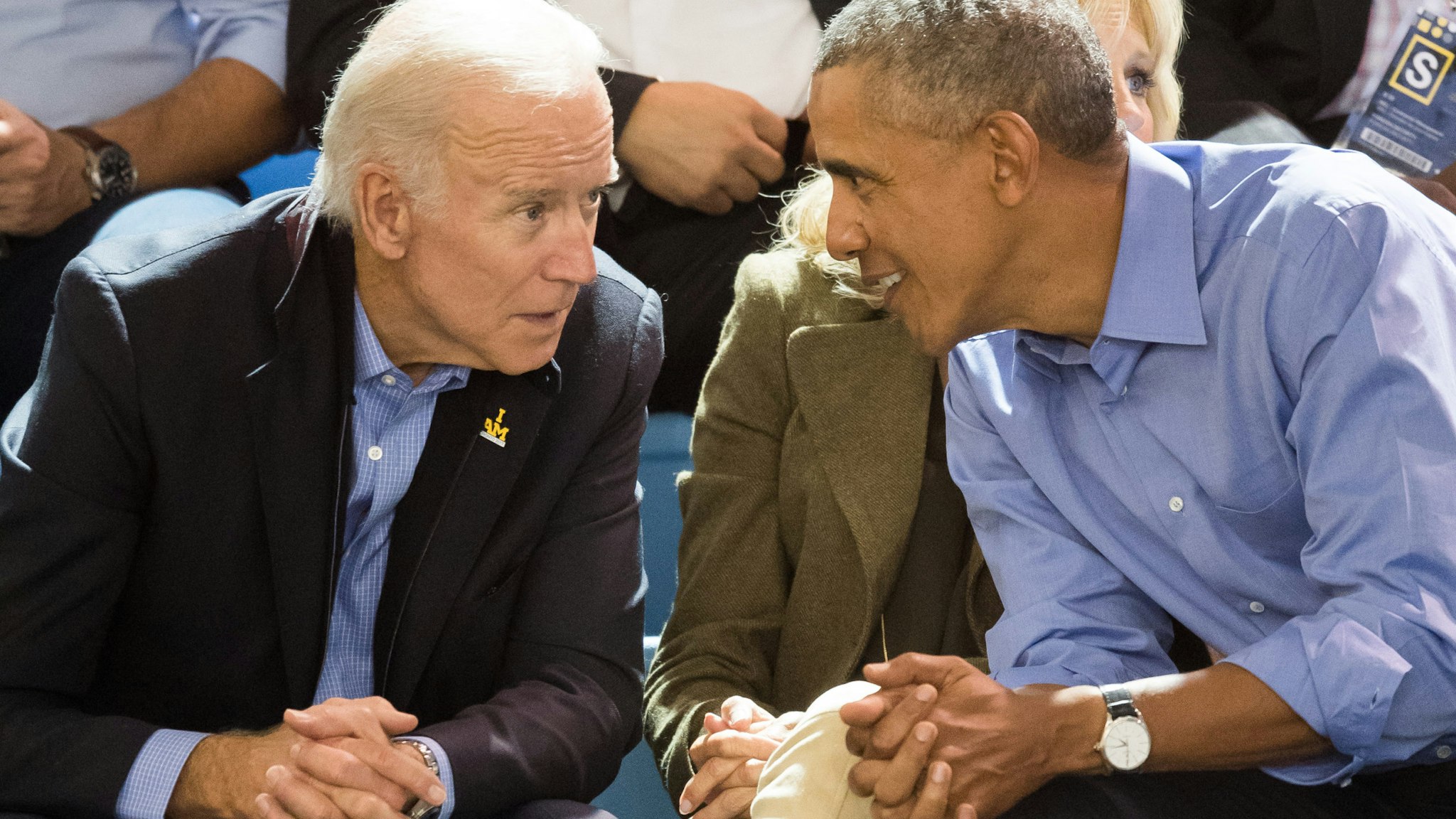 TORONTO, ON - SEPTEMBER 29: Joe Biden and Barack Obama watch the wheelchair basketball on day 7 of the Invictus Games Toronto 2017 on September 29, 2017 in Toronto, Canada. The Games use the power of sport to inspire recovery, support rehabilitation and generate a wider understanding and respect for the Armed Forces. (Photo by Samir Hussein/Samir Hussein/WireImage)