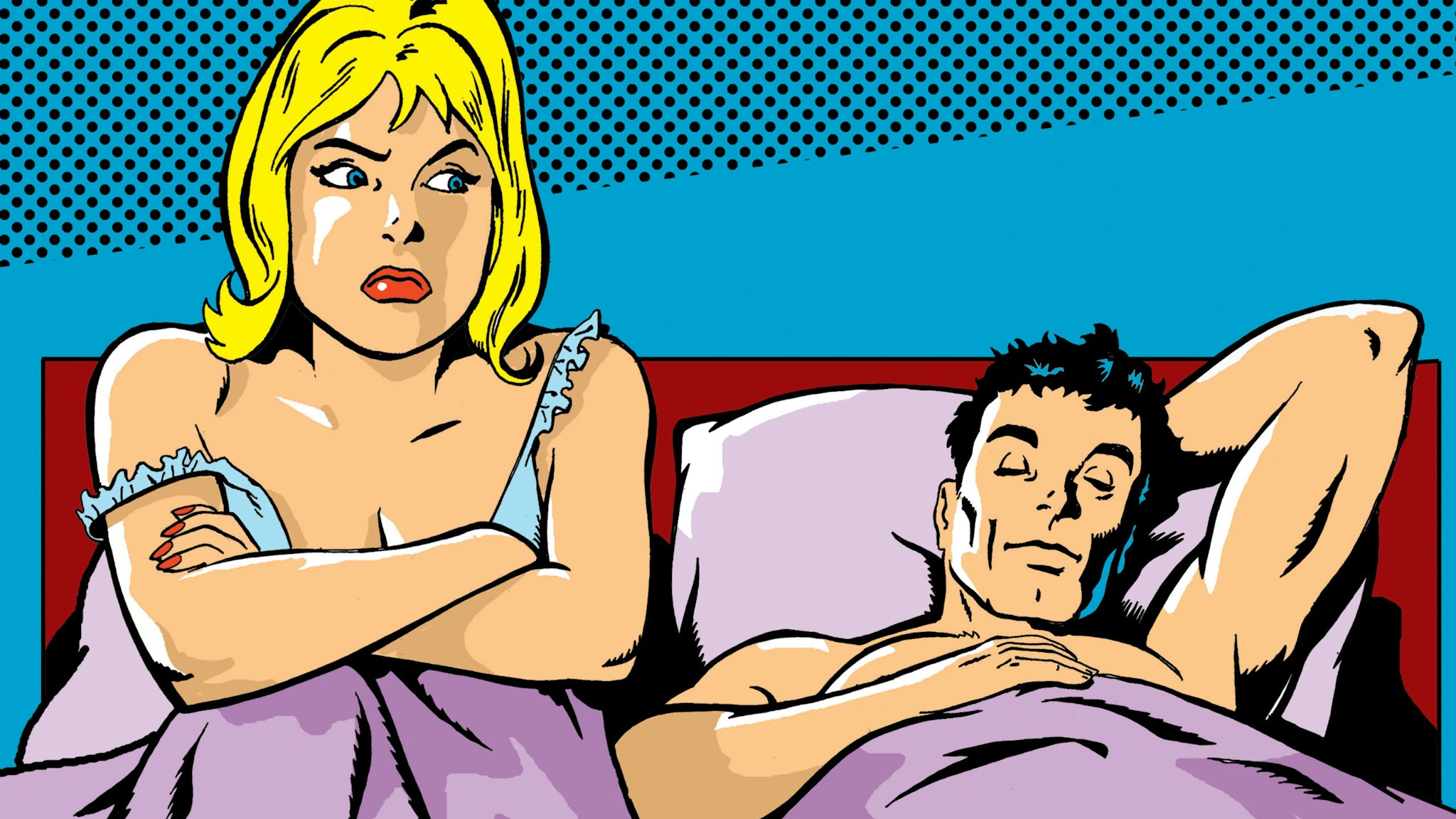 Woman Sitting in Bed With Her Arms Crossed As a Man Sleeps - stock illustration