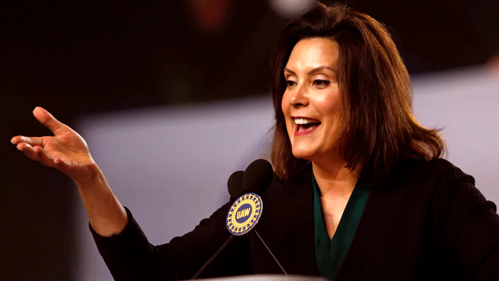 New UAW President Addresses Annual UAW Convention Michigan Democrat Gubernatorial candidate Gretchen Whitmer addresses the 37th United Auto Workers Constitutional Convention June14, 2018 at Cobo Center in Detroit, Michigan