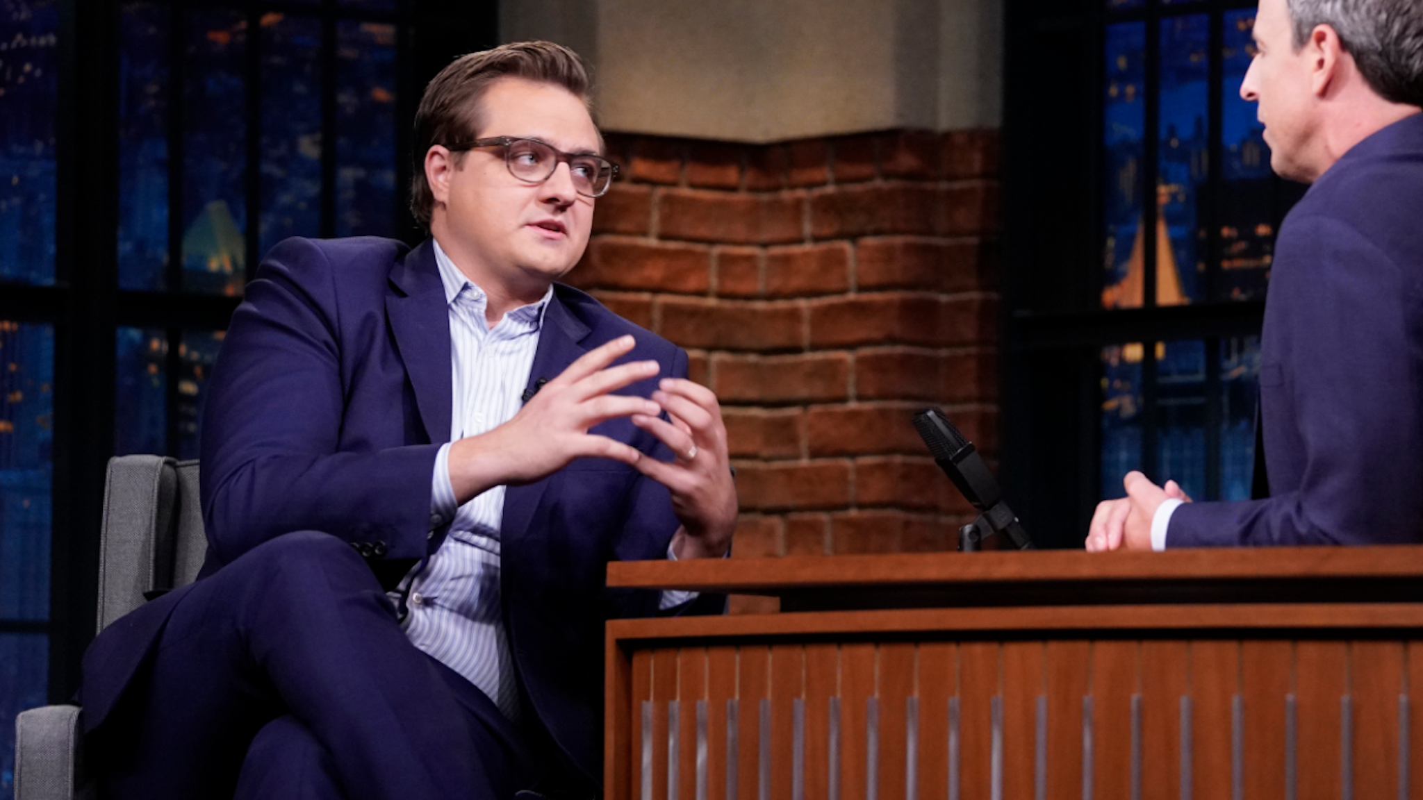 LATE NIGHT WITH SETH MEYERS -- Episode 891 -- Pictured: (l-r) MSNBCs Chris Hayes during an interview with host Seth Meyers on September 30, 2019 --