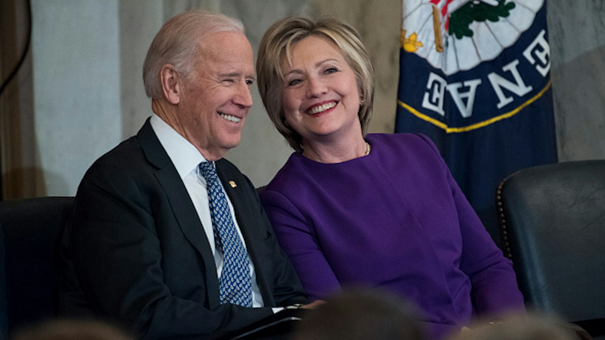 UNITED STATES - DECEMBER 08: Vice President Joe Biden and former Secretary of State Hillary Clinton attend a portrait unveiling ceremony for retiring Senate Minority Leader Harry Reid, D-Nev., in Russell Building's Kennedy Caucus Room, December 08, 2016.