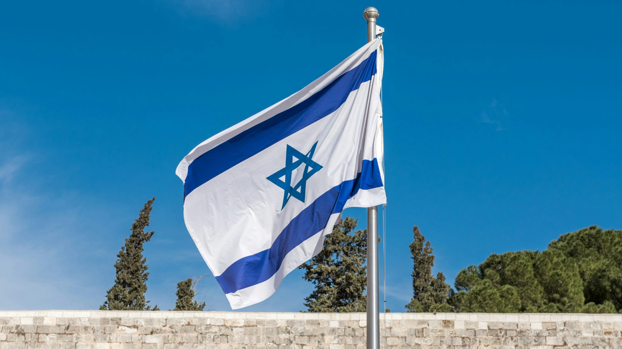 Israeli flag at the wailing wallon February 27, 2017 in Jerusalem, Israel