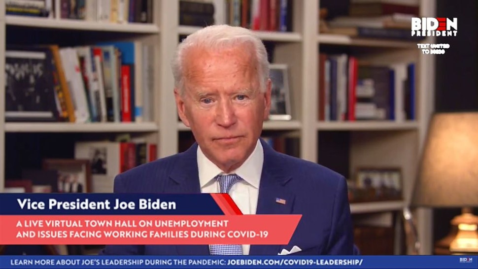 In this screengrab from Joebiden.com , Democratic presidential candidate and former U.S. Vice President Joe Biden speaks during a Coronavirus Virtual Town Hall from his home on April 08, 2020 in Wilmington, Delaware. Senator Bernie Sanders announced that he is dropping out of the Democratic presidential race leaving Biden as the presumptive Democratic nominee. (Photo by JoeBiden.com via Getty Images)