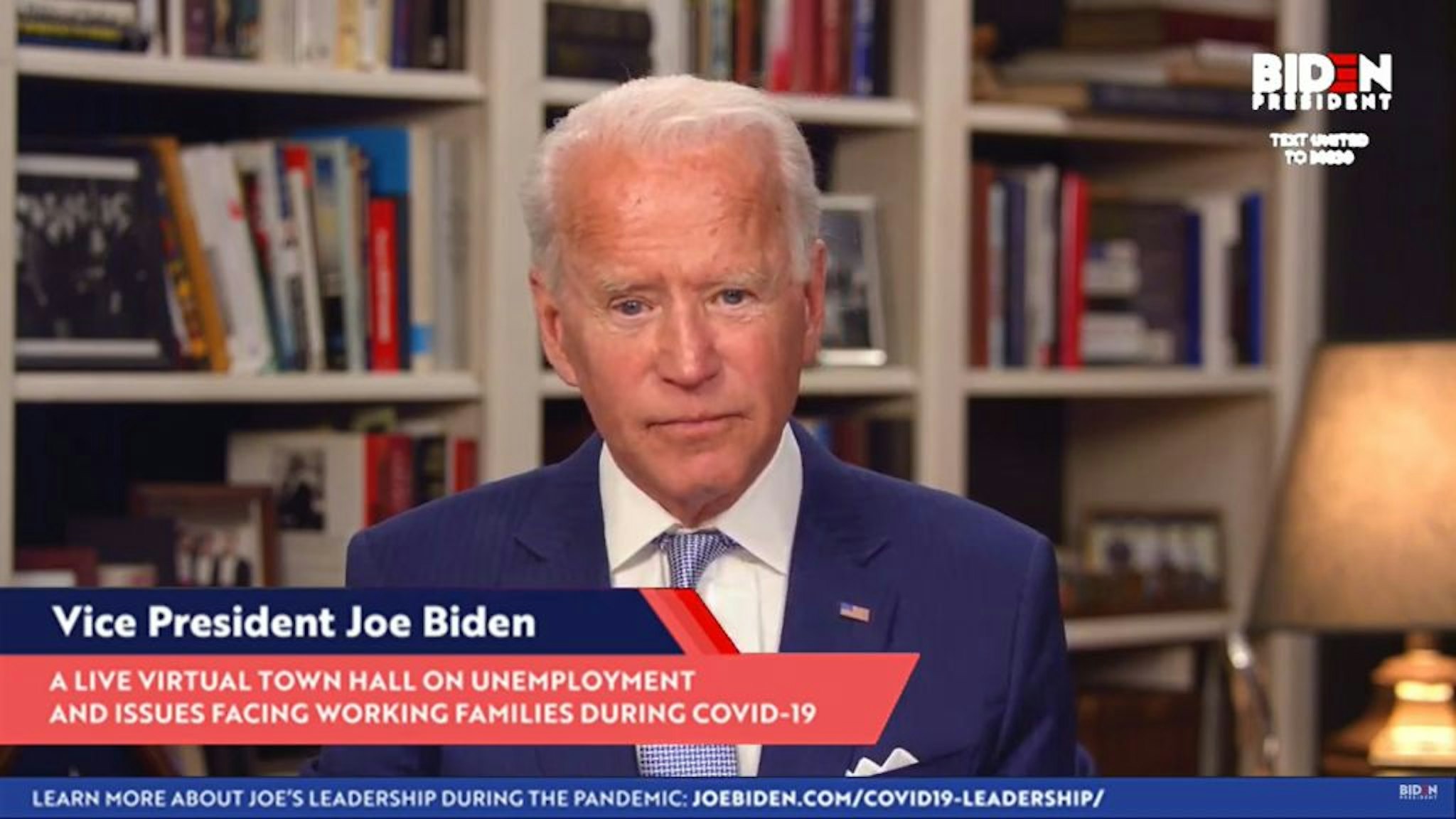 In this screengrab from Joebiden.com , Democratic presidential candidate and former U.S. Vice President Joe Biden speaks during a Coronavirus Virtual Town Hall from his home on April 08, 2020 in Wilmington, Delaware. Senator Bernie Sanders announced that he is dropping out of the Democratic presidential race leaving Biden as the presumptive Democratic nominee. (Photo by JoeBiden.com via Getty Images)