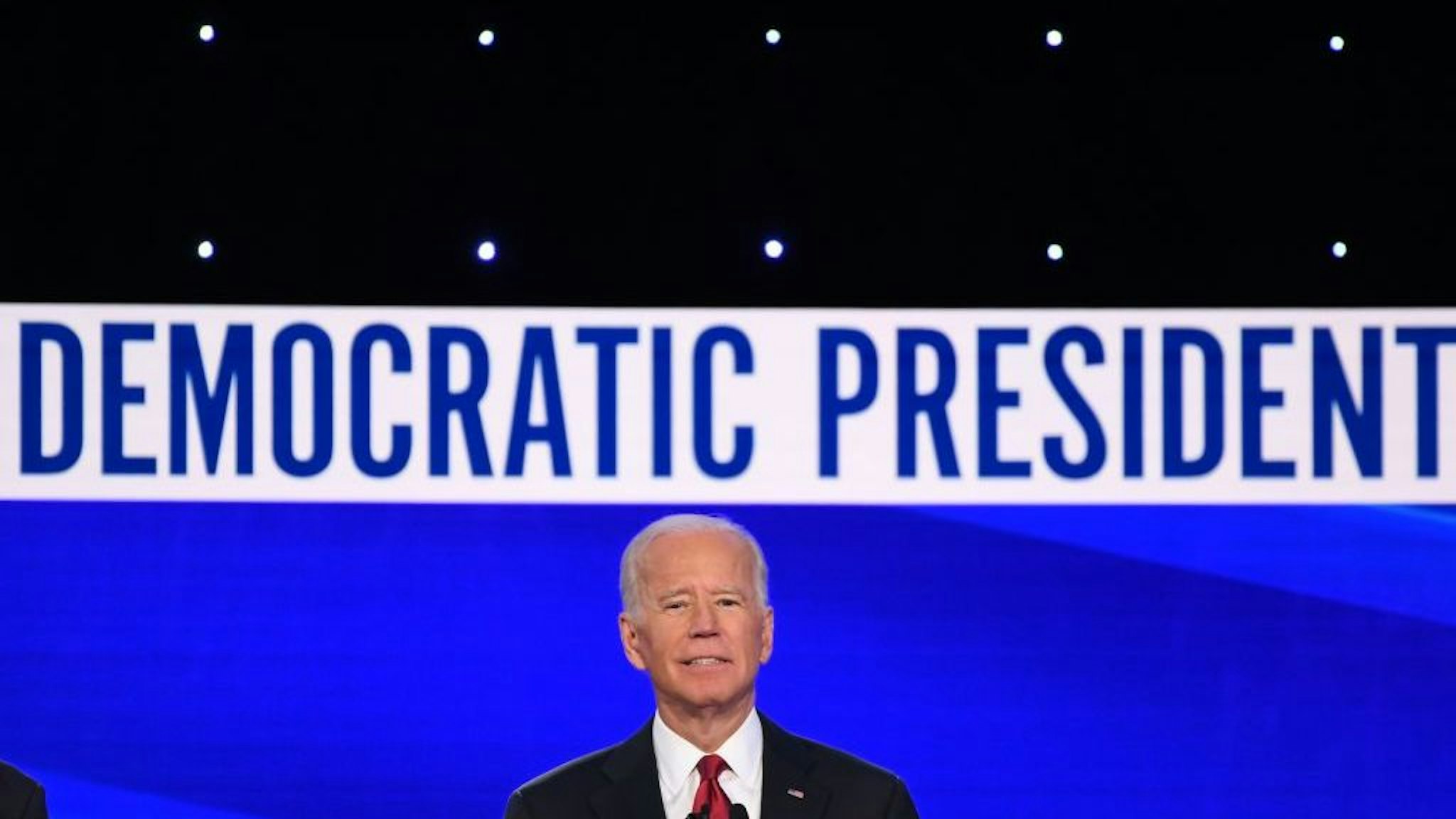 Democratic presidential hopeful former US Vice President Joe Biden gestures as he speaks during the fourth Democratic primary debate of the 2020 presidential campaign season co-hosted by The New York Times and CNN at Otterbein University in Westerville, Ohio on October 15, 2019. (Photo by SAUL LOEB / AFP)