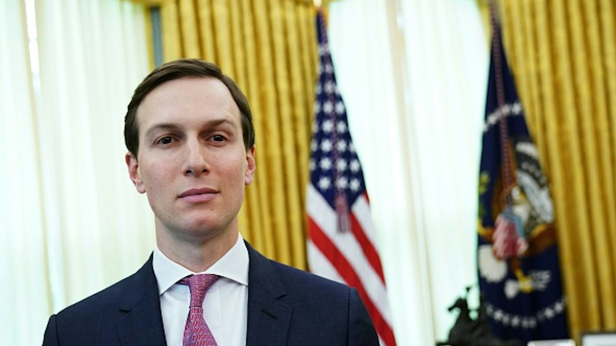 White House Senior Advisor Jared Kushner attends the meeting between US President Donald Trump and Florida Governor Ron DeSantis in the Oval Office of the White House in Washington, DC on April 28, 2020.