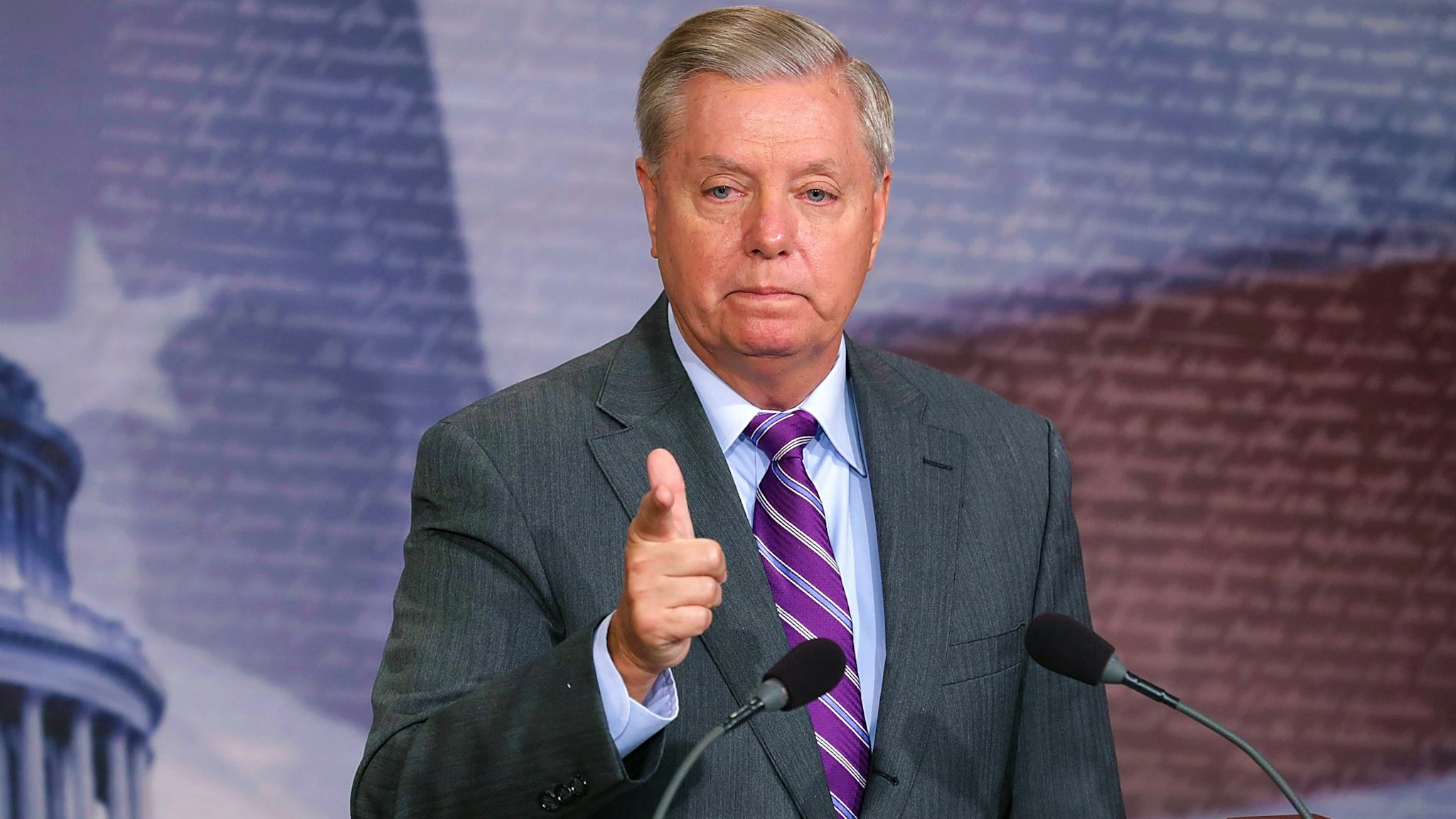 WASHINGTON, DC - NOVEMBER 01: Sen. Lindsey Graham (R-SC) talks to reporters about the suspect in a vehicle attack in Manhattan during a news conference at the U.S. Capitol November 1, 2017 in Washington, DC. Graham told reporters he talked with President Donald Trump about Graham's belief that the suspect, Sayfullo Saipov, should be designated an unlawful enemy combatant.