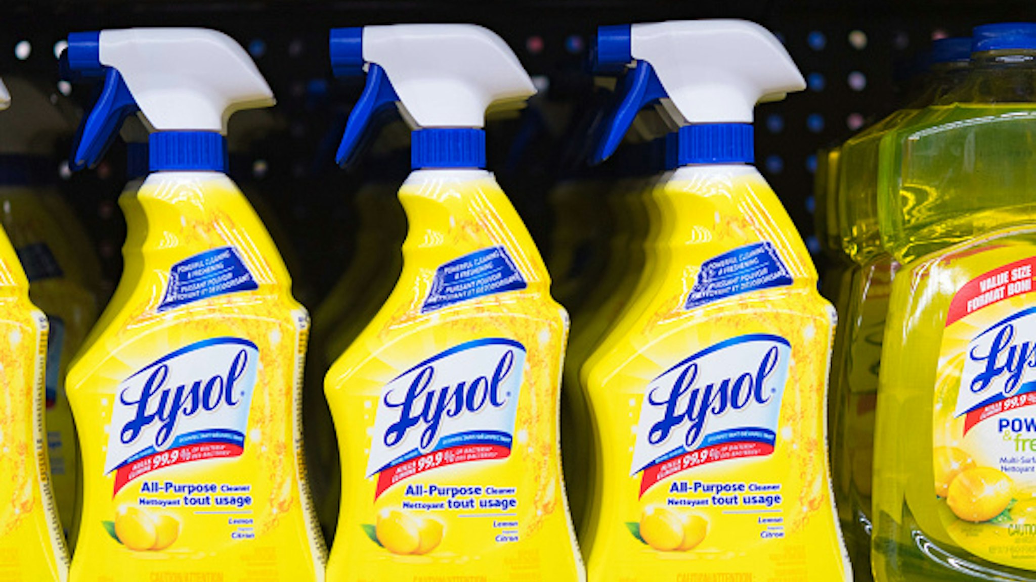 Lysol bottles on a store shelf, plastic spray bottles of all-purpose cleaner. The product is distributed by Reckitt Benckiser. (Photo by Roberto Machado Noa/LightRocket via Getty Images)