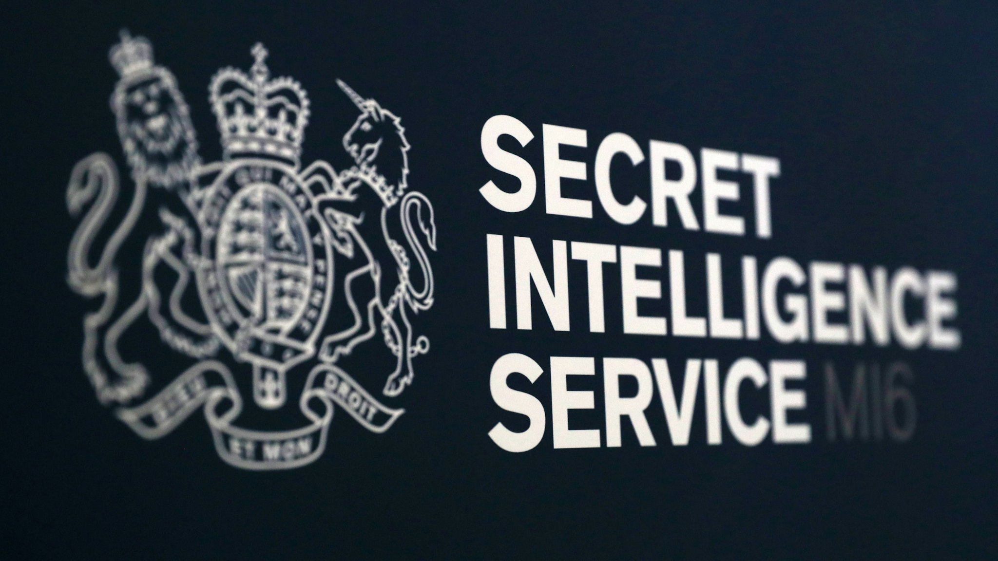 GLENROTHES, SCOTLAND - DECEMBER 03: A Secret Intelligence Service sign at the entrance to Buchanan Theatre ahead of a speech by Alex Younger, Chief of the Secret Intelligence Service - known as MI6 at University of St Andrews on December 3, 2018 in Glenrothes, Scotland.