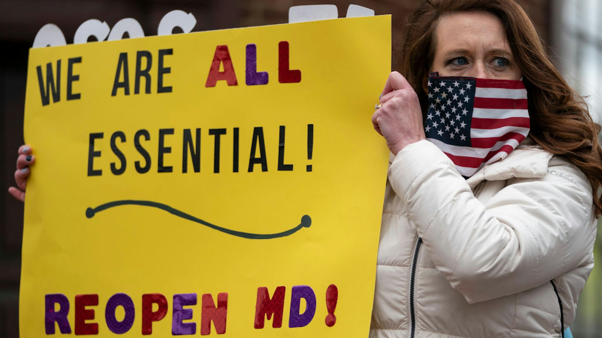 ANNAPOLIS, MD - APRIL 18: Protesters with the group Reopen Maryland rally near the State House to call on the state to lift the stay-at-home order and reopen the economy on April 18, 2020 in Annapolis, Maryland. Most protestors rallied from inside their cars as they caused gridlock in a traffic circle and a smaller group protested outside of their cars. (Photo by Drew Angerer/Getty Images)