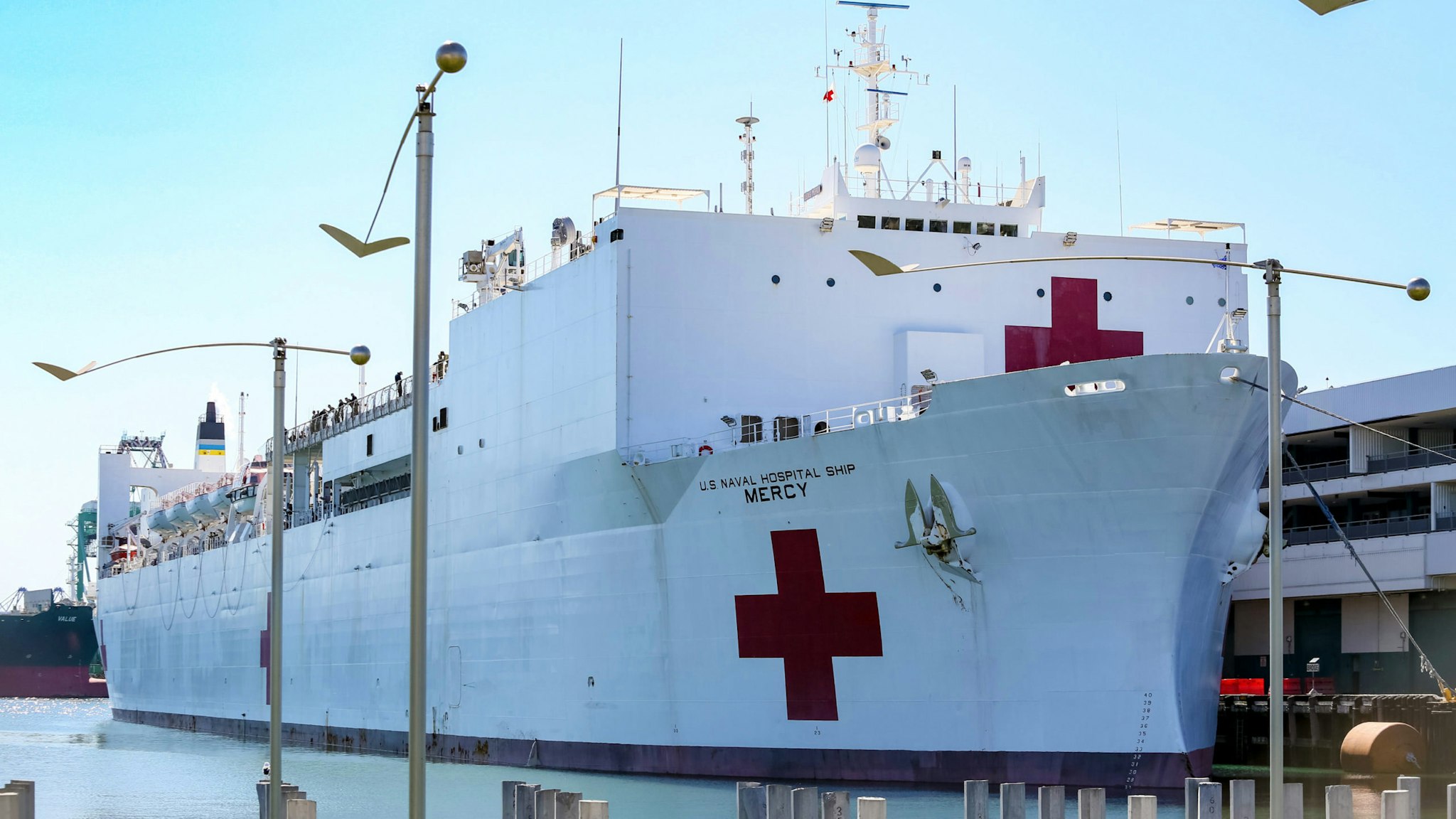 LOS ANGELES, CA - MARCH 27: A view of the USNS Mercy Hospital Ship at the Port of Los Angeles as it arrives to assist with a growing number of COVID-19 patients on March 27, 2020 in Los Angeles, California. The Coronavirus (COVID-19) pandemic has spread to many countries across the world, claiming over 20,000 lives and infecting hundreds of thousands more.