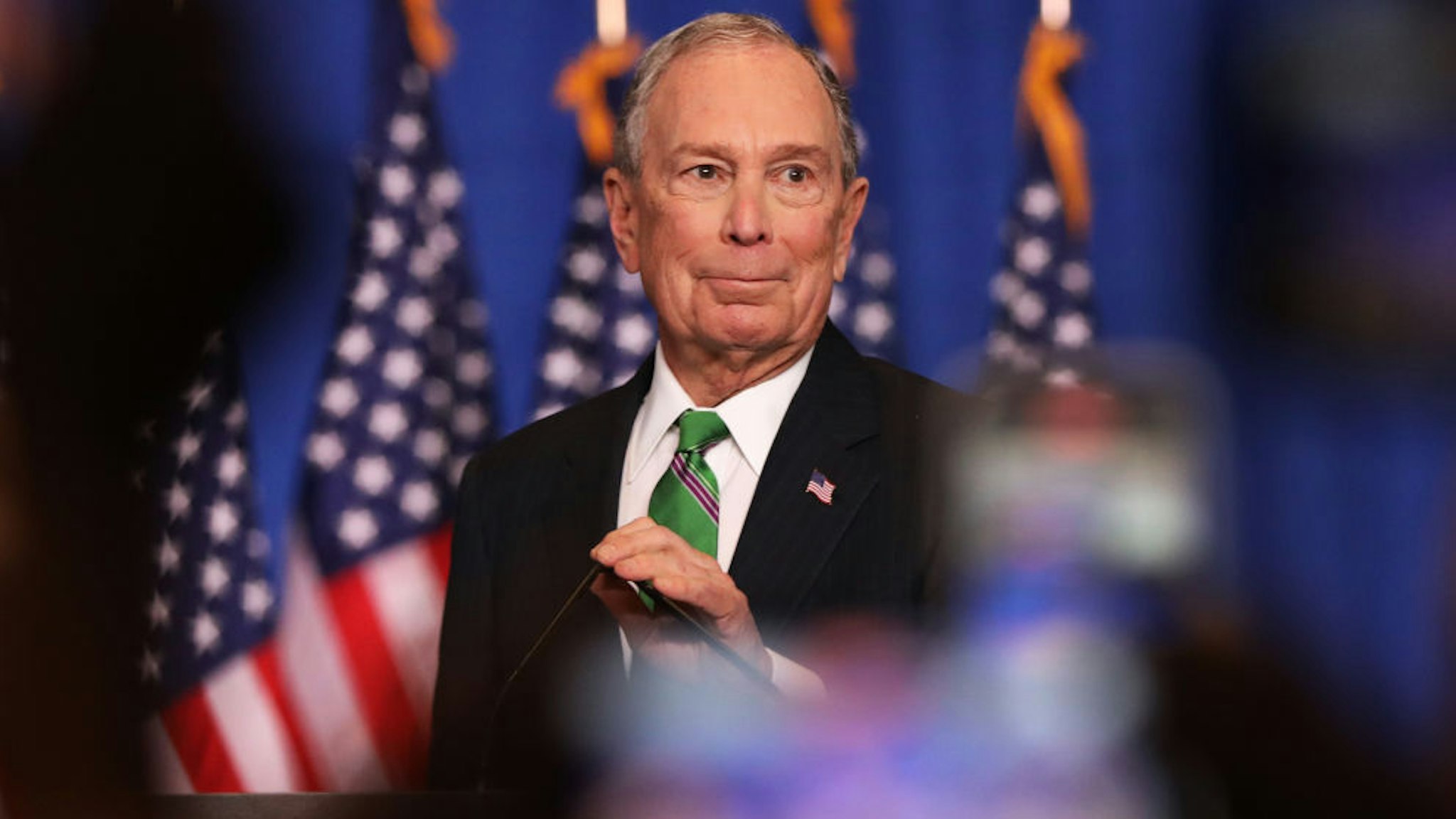Former Democratic presidential candidate Mike Bloomberg addresses his staff and the media after announcing that he will be ending his campaign on March 04, 2020 in New York City. Bloomberg, who has endorsed Joe Biden, spent millions of dollars in his short lived campaign for president. (Photo by Spencer Platt/Getty Images)