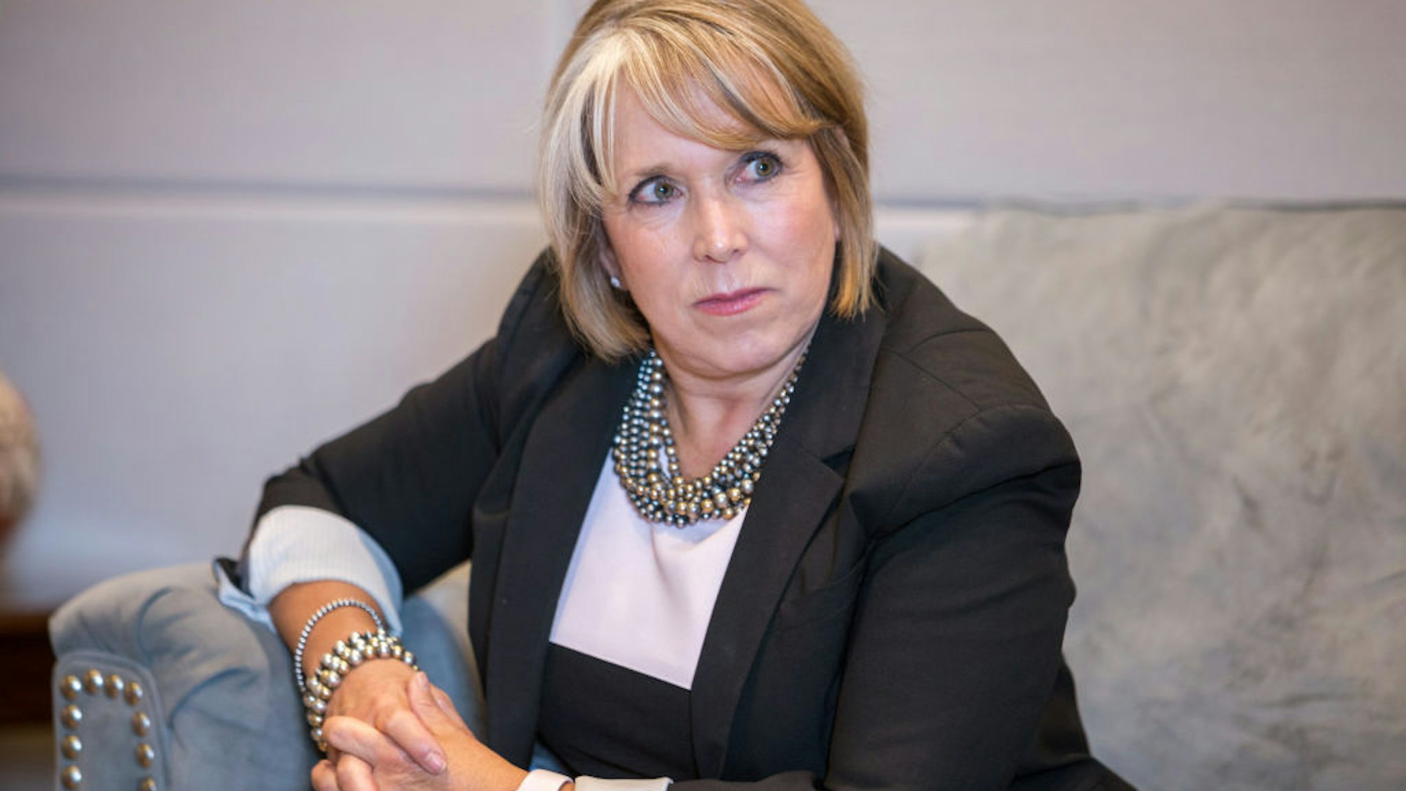 Michelle Lujan Grisham, governor of New Mexico, listens during an interview at her office in Santa Fe, New Mexico, U.S., on Thursday, Aug. 8, 2019. Lujan Grisham is balancing her concern over the catastrophic effects of climate change with the state's extraordinary dependence on oil and gas. Photographer: Steven St John/Bloomberg via Getty Images
