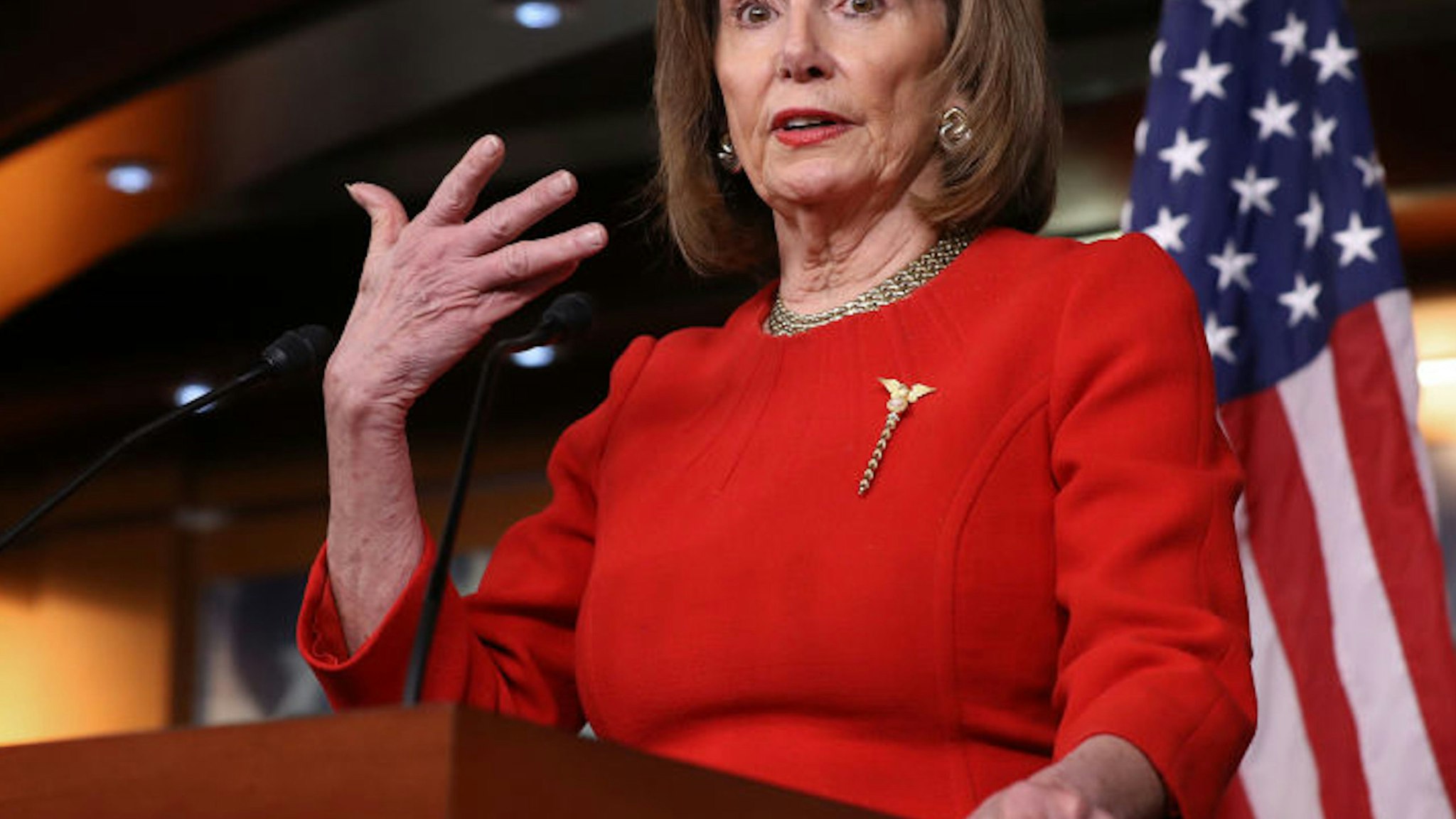 WASHINGTON, DC - DECEMBER 19: Speaker of the House Nancy Pelosi (D-CA) holds her weekly news conference at the U.S. Capitol December 19, 2019 in Washington, DC. Pelosi has not set the number of managers she will assign to President Donald Trump's impeachment trial and has not said when she will send the articles over to the U.S. Senate