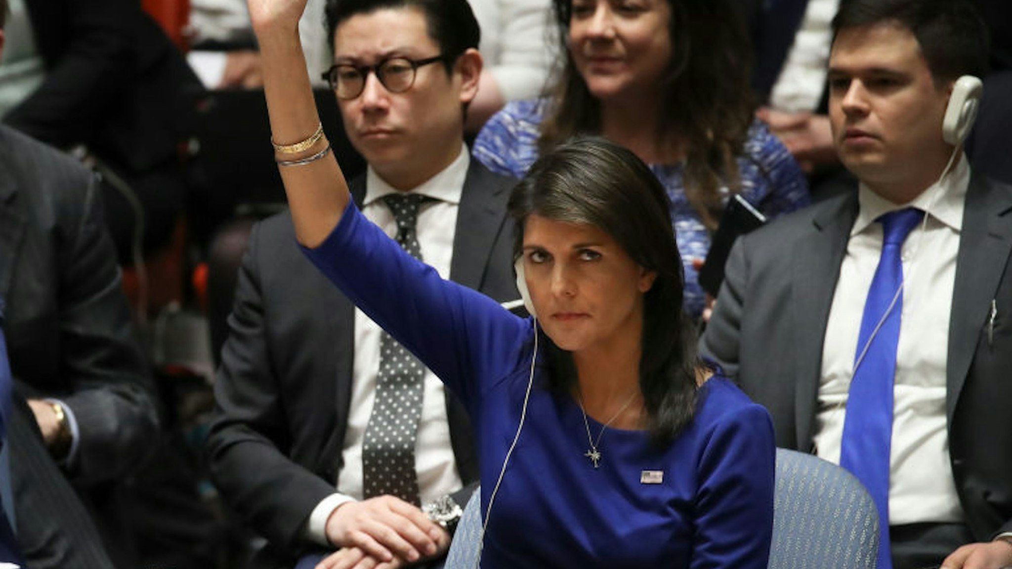 NEW YORK, NY - APRIL 14: United States Ambassador to the United Nations Nikki Haley vetoes a Russian proposed draft resolution that would "condemn the aggression against Syria by the U.S. and its allies" during a United Nations Security Council emergency meeting concerning the situation in Syria, at United Nations headquarters, April 14, 2018 in New York City. Yesterday the United States and European allies Britain and France launched airstrikes in Syria as punishment for Syrian President Bashar al-Assad's suspected role in last week's chemical weapons attacks that killed upwards of 40 people.