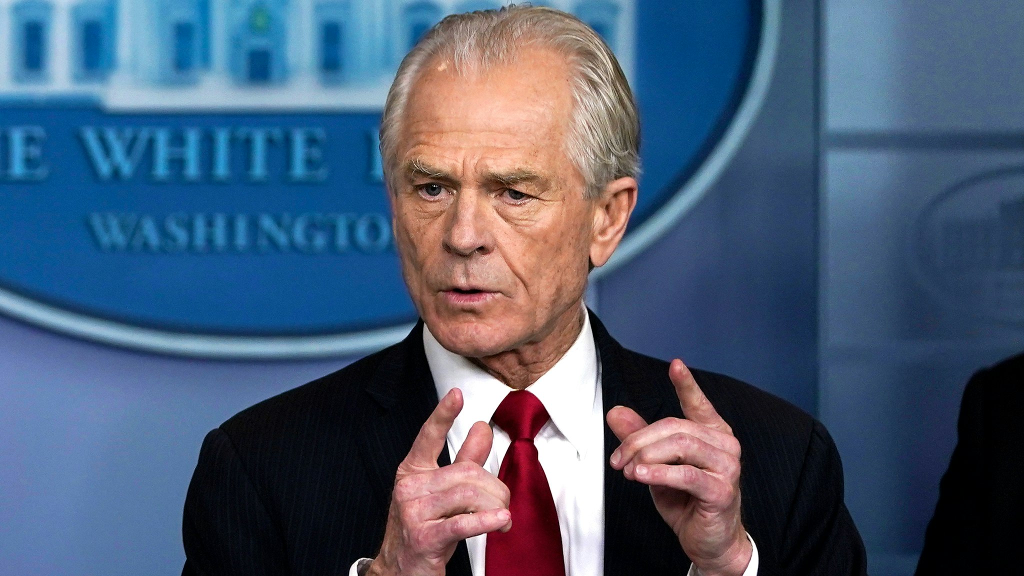 WASHINGTON, DC - MARCH 27: White House Trade and Manufacturing Policy Director Peter Navarro speaks during a briefing on the coronavirus pandemic in the press briefing room of the White House on March 27, 2020 in Washington, DC. President Trump signed the H.R. 748, the CARES Act on Friday afternoon. Earlier in the day, the U.S. House of Representatives approved the $2 trillion stimulus bill that lawmakers hope will battle the economic effects of the COVID-19 pandemic.