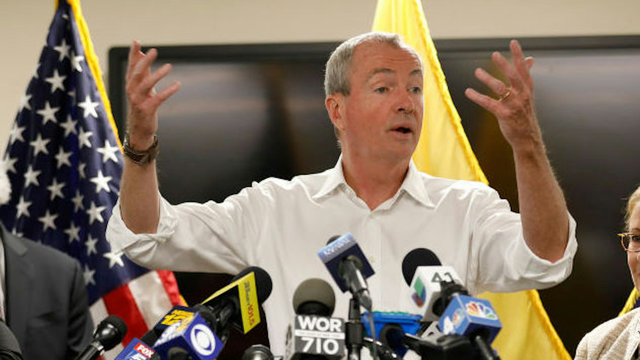 New Jersey Governor Phil Murphy speaks about Newark's ongoing water crisis during a press conference held at the Newark Health Department on August 14, 2019 in Newark, New Jersey. The city recently began distributing bottled water to residents affected by tap water that's been contaminated with lead in certain areas of the city. At left are Newark Mayor Ras Baraka and Kareem Addem, acting director of Water and Sewer Utilities in Newark. At right is Judy Persichilli, acting Judy Persichilli as Commissioner of the New Jersey Department of Health. (Photo by Rick Loomis/Getty Images)