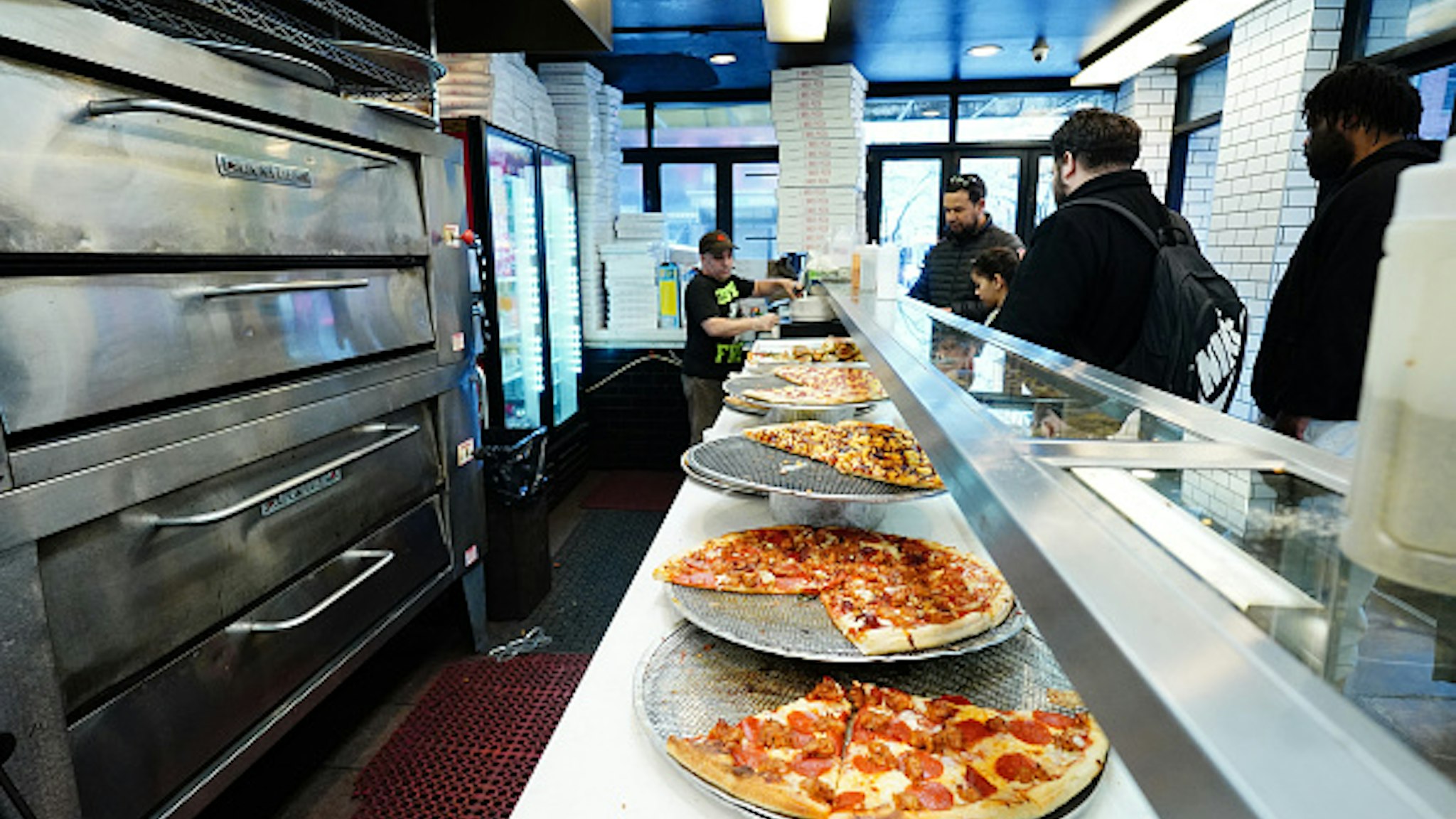 A view of a a closed-off area of a pizza parlor amid the coronavirus (COVID-19) outbreak on March 24, 2020 in New York City