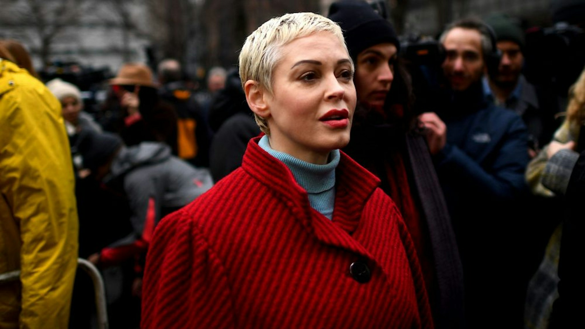 Actress Rose McGowan arrives for a press conference, after Harvey Weinstein arrived at State Supreme Court in Manhattan January 6, 2020 on the first day of his criminal trial on charges of rape and sexual assault in New York City. - Harvey Weinstein's high-profile sex crimes trial opens on Monday, more than two years after a slew of allegations against the once-mighty Hollywood producer triggered the #MeToo movement that led to the downfall of dozens of powerful men. The disgraced movie mogul faces life in prison if convicted in a New York state court of predatory sexual assault charges, in a trial expected to last six weeks.