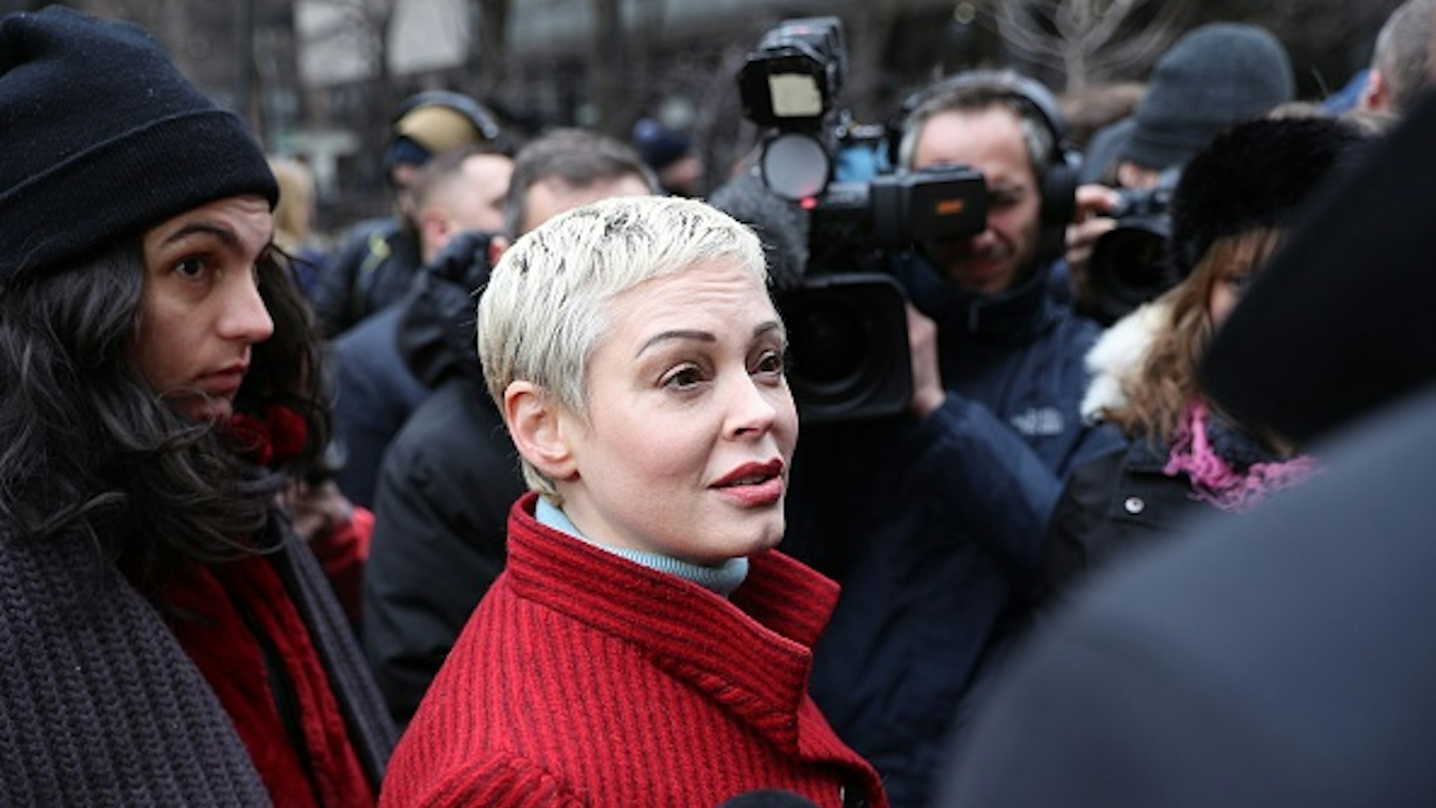 NEW YORK, USA - JANUARY 6: Rose McGowan who has accused former Hollywood producer Harvey Weinstein of sexual assault, arrives at New York Supreme Court, in New York, United States on January 6, 2020 on the first day of Harvey Weinstein trial on charges of rape and sexual assault.