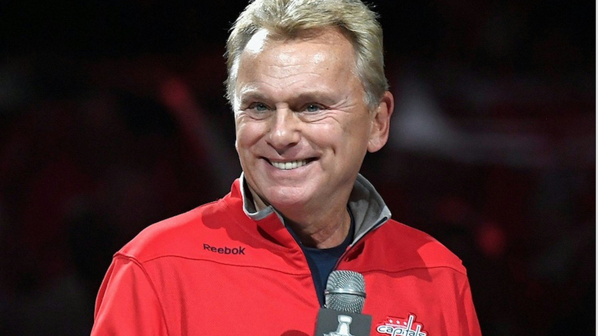 American television personality Pat Sajak makes the team introductions before Game Three of the 2018 NHL Stanley Cup Final between the Vegas Golden Knights and the Washington Capitals at Capital One Arena on June 2, 2018 in Washington, DC. s)