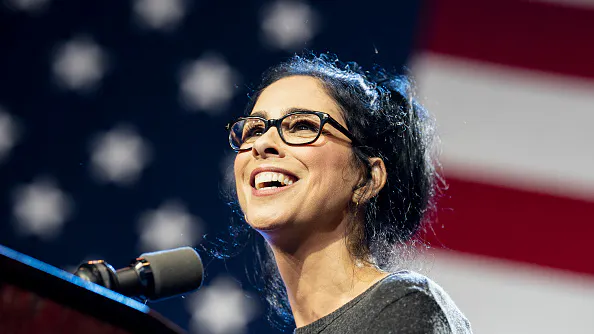 LOS ANGELES, UNITED STATES - MARCH 1, 2020: Comedian Sarah Silverman speaks at the campaign rally for Democratic presidential candidate Senator Bernie Sanders in Los Angeles, California. Sanders campaigns ahead of the upcoming Super Tuesday Democratic presidential primaries.