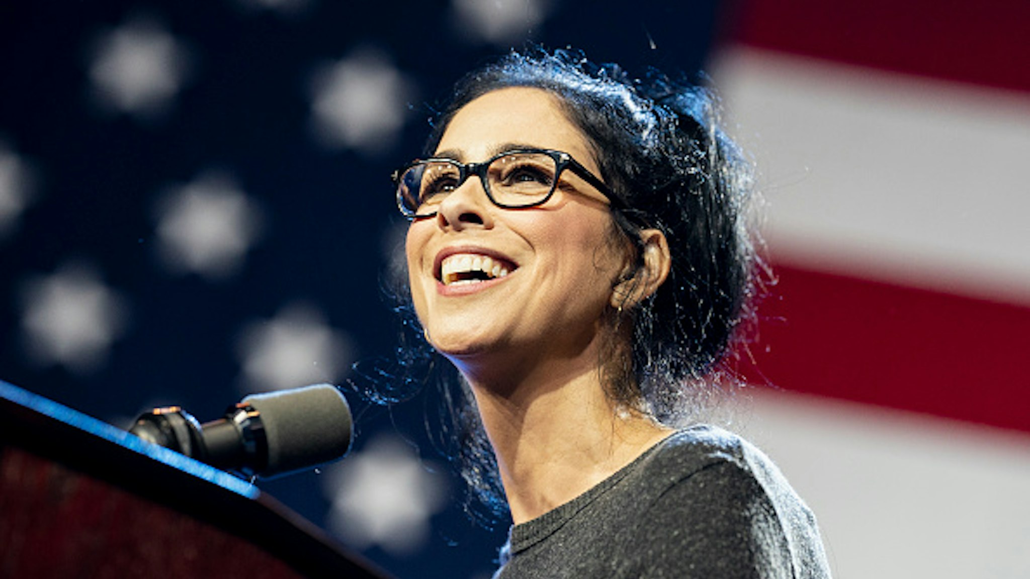 LOS ANGELES, UNITED STATES - MARCH 1, 2020: Comedian Sarah Silverman speaks at the campaign rally for Democratic presidential candidate Senator Bernie Sanders in Los Angeles, California. Sanders campaigns ahead of the upcoming Super Tuesday Democratic presidential primaries.