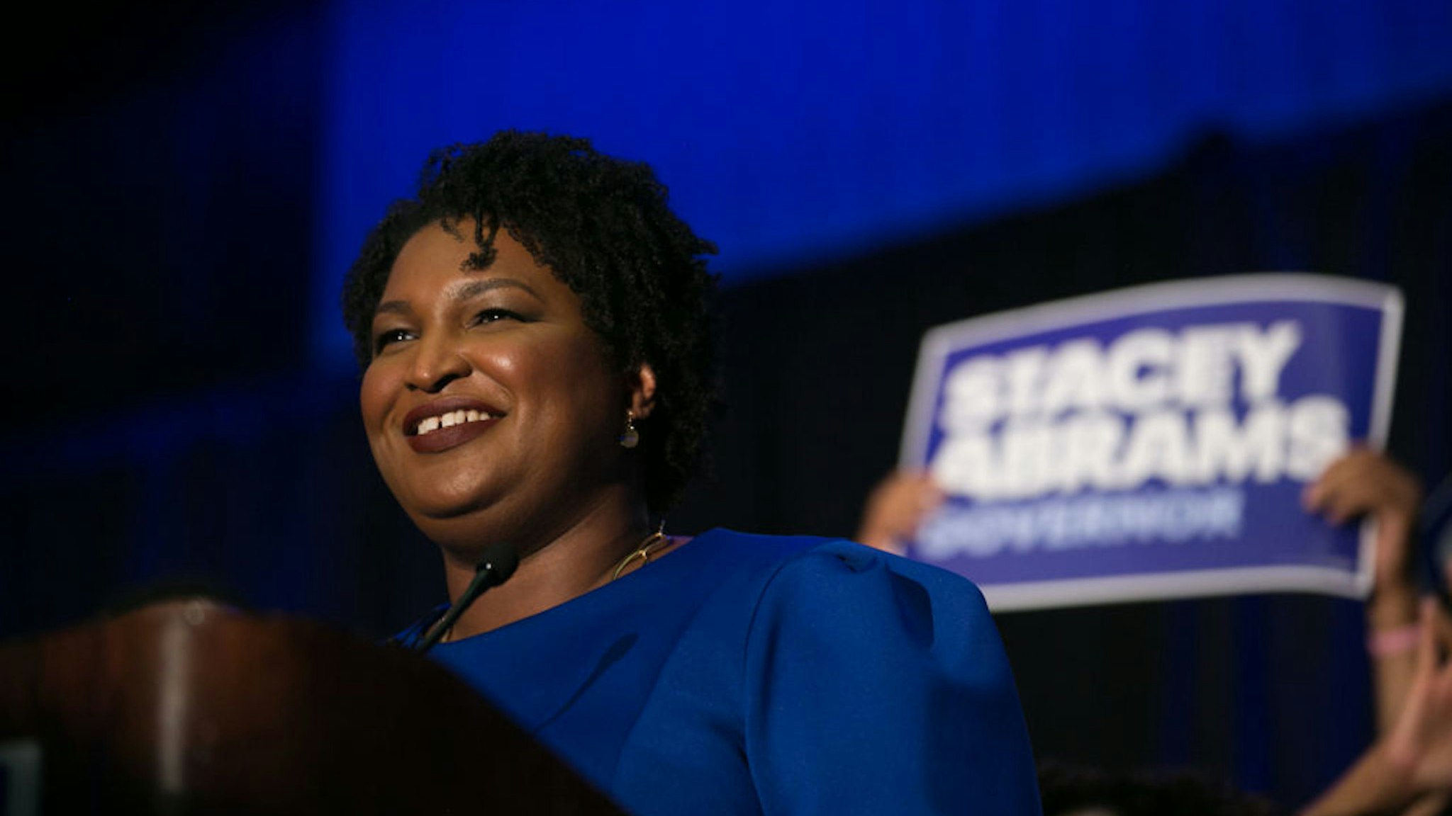 ATLANTA, GA - MAY 22: Georgia Democratic Gubernatorial candidate Stacey Abrams takes the stage to declare victory in the primary during an election night event on May 22, 2018 in Atlanta, Georgia. If elected, Abrams would become the first African American female governor in the state of Georgia.