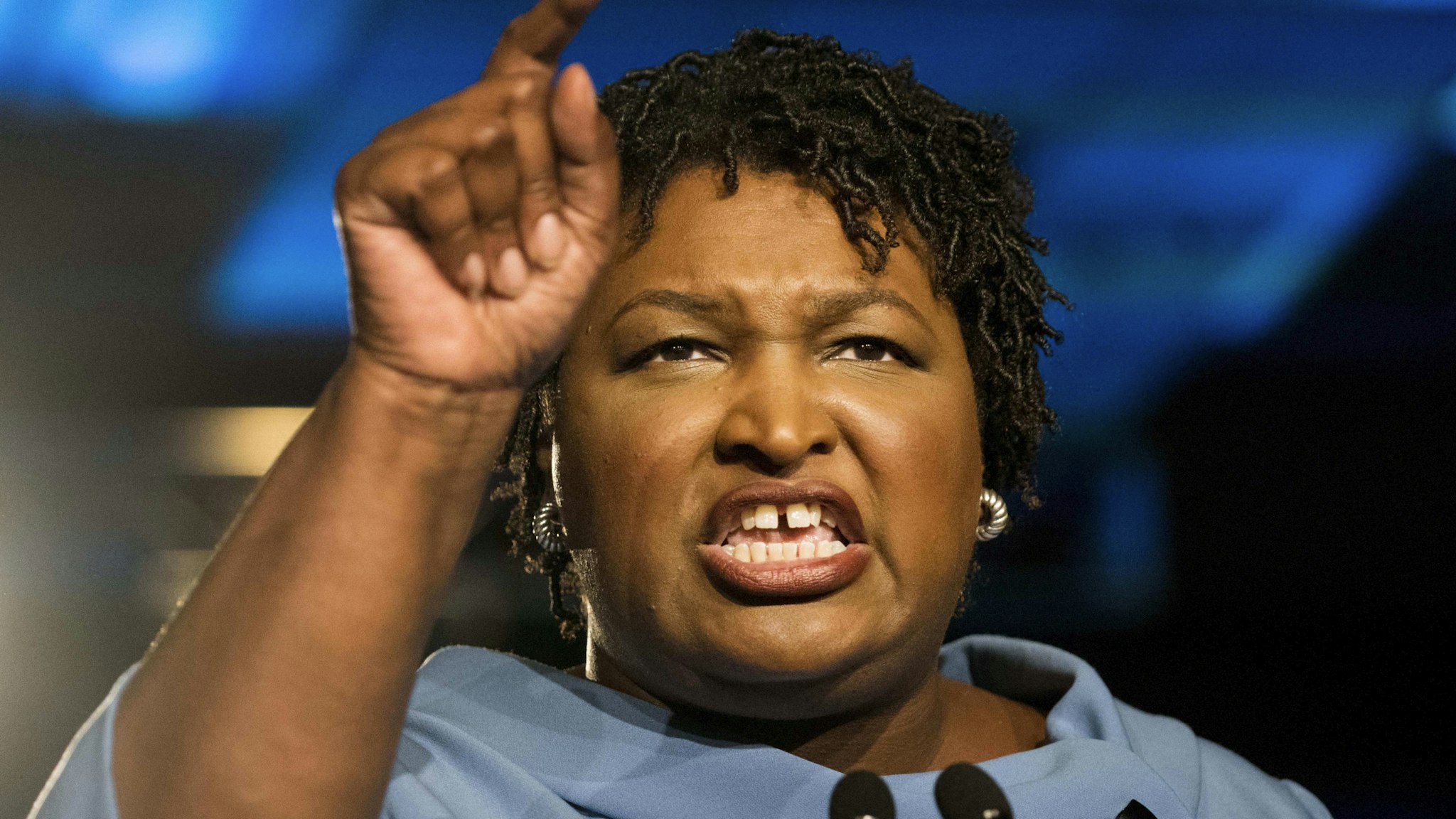 ATLANTA, GEORGIA - On a late election night Democratic nominee for Governor Stacey Abrams speaks to cheering supporters and announced that she'll be in in a runoff with her opponent, at the Hyatt Regency in Atlanta, Georgia on Tuesday November 6, 2018.