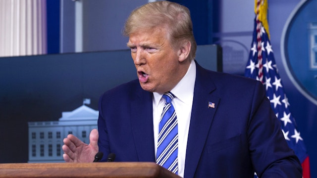 U.S. President Donald Trump speaks during a news conference at the White House in Washington D.C., U.S. on Sunday, April 19, 2020. Democratic leaders and the White House are close to an agreement for as much as $450 billion to top a loan program aimed at helping small businesses stay afloat and provide funds for hospitals and coronavirus testing.