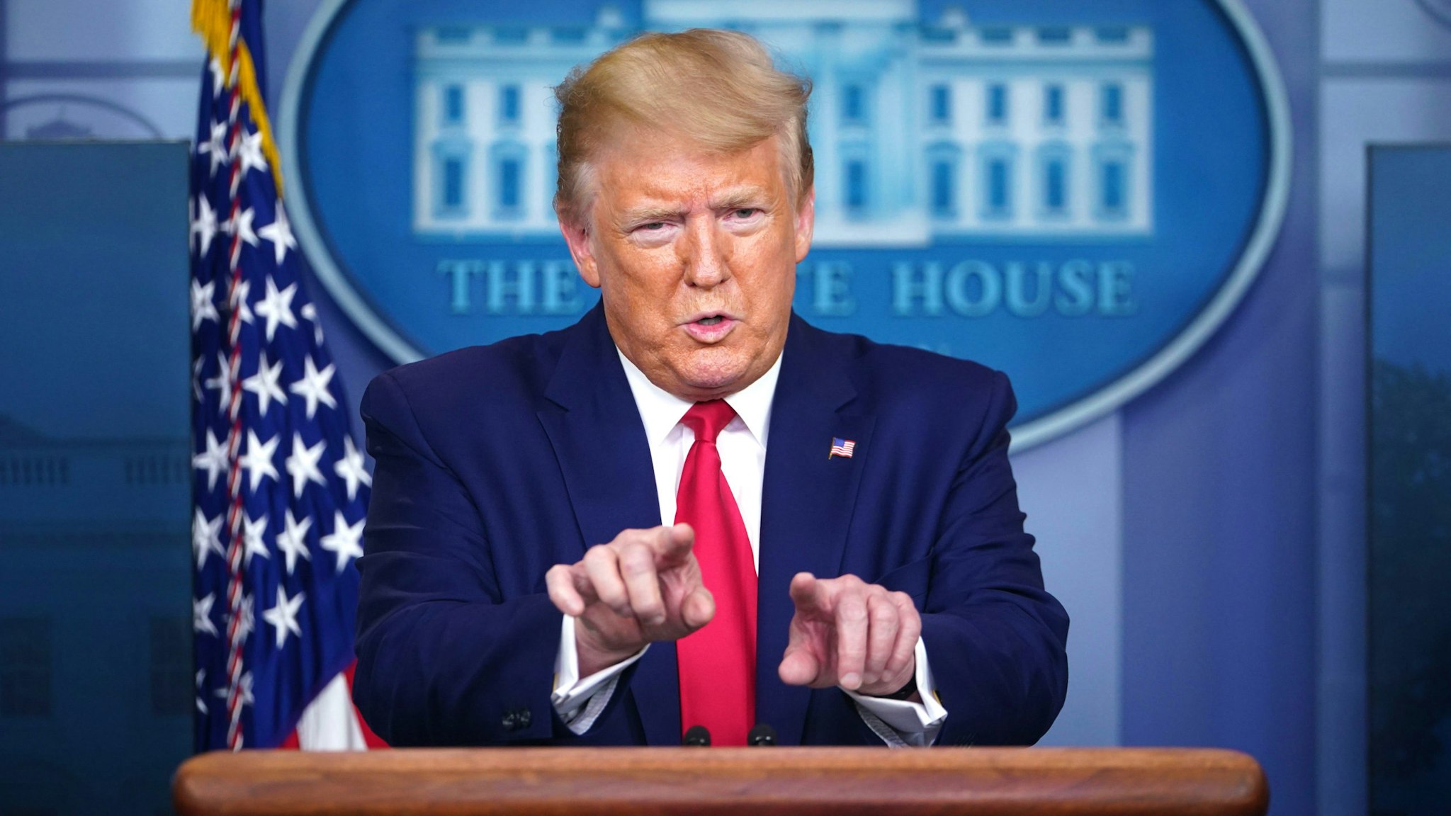 US President Donald Trump speaks during the daily briefing on the novel coronavirus, COVID-19, in the Brady Briefing Room at the White House on April 6, 2020, in Washington, DC.