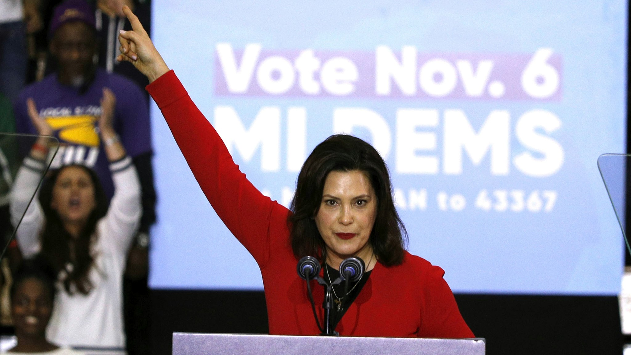 DETROIT, MI - OCTOBER 26: Michigan gubernatorial candidate Gretchen Whitmer speaks at a Democratic rally attended by former President Barack Obama and former Attorney General Eric Holder at Detroit Cass Tech High School on October 26, 2018 in Detroit, Michigan. Obama, and Holder are among approximately a dozen democrats who were targeted by mail bombs over the past several days.