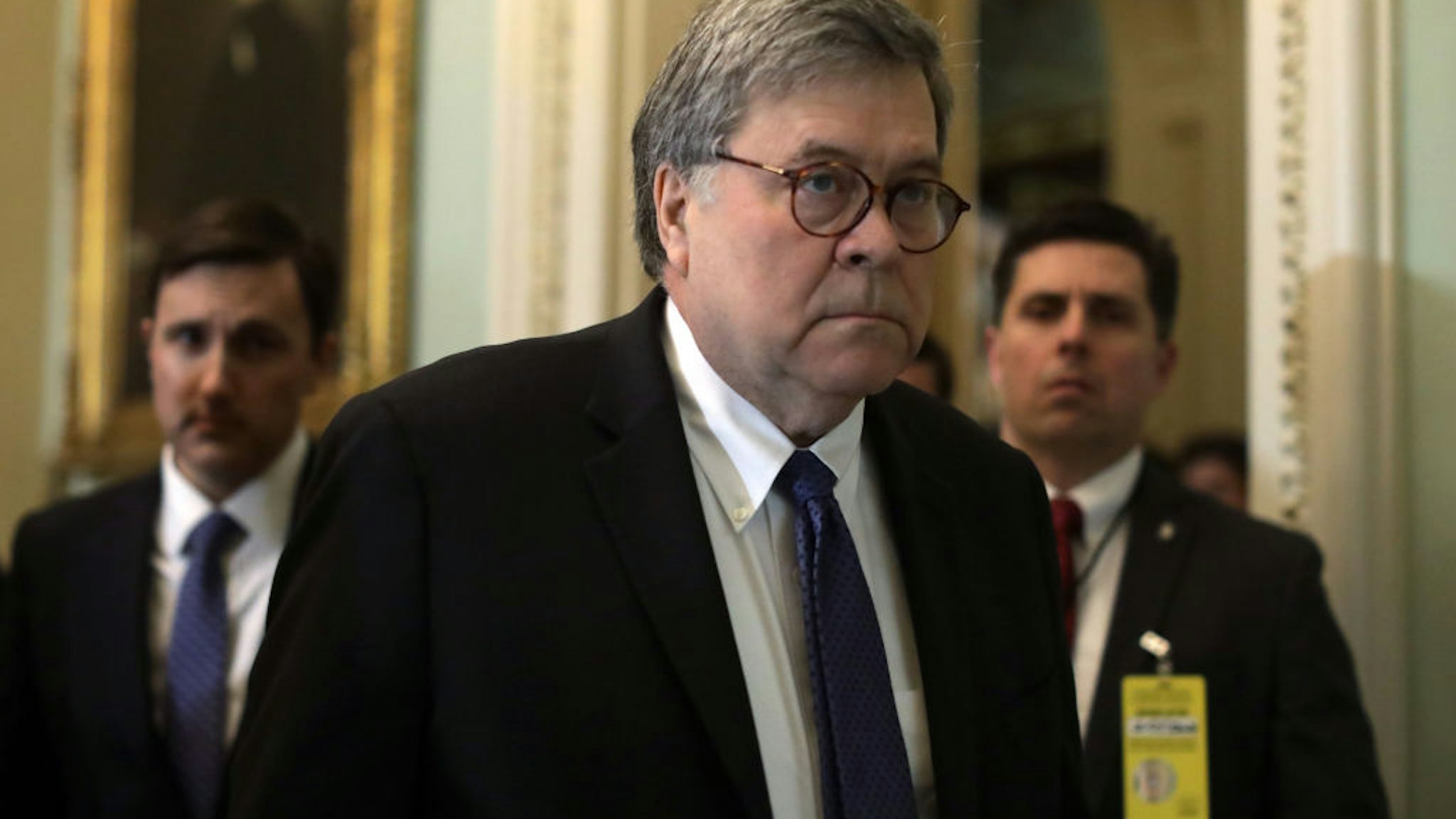 WASHINGTON, DC - FEBRUARY 25: U.S. Attorney General William Barr walks through a hallway at the U.S. Capitol February 25, 2020 in Washington, DC. Barr is on Capitol Hill to attend the weekly Senate Republican policy luncheon. (Photo by Alex Wong/Getty Images)