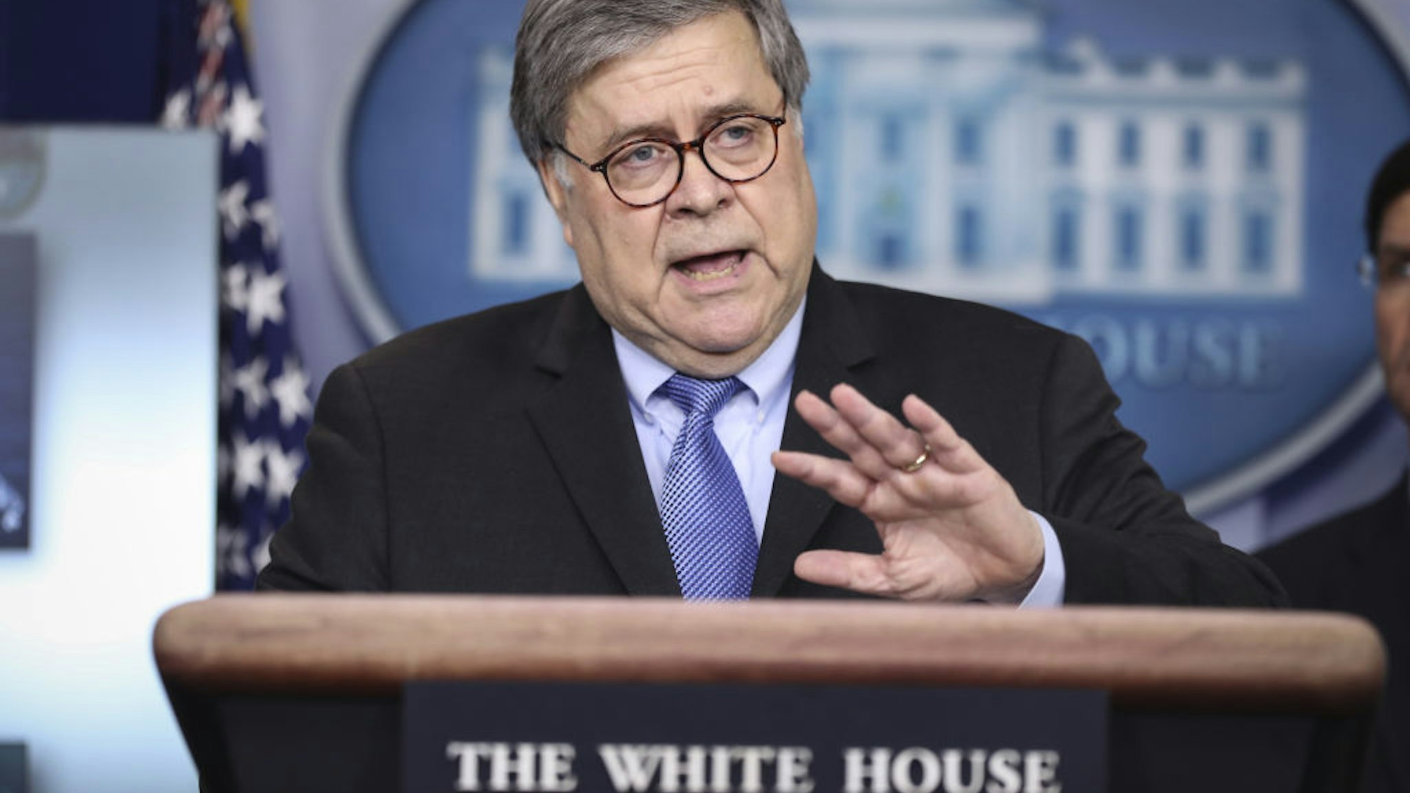 Attorney General William Barr speaks during a Coronavirus Task Force news conference at the White House in Washington, D.C., U.S., on Wednesday, April 1, 2020. President Donald Trump is coming under criticism for balking at taking full advantage of Obamacare as the number of people infected with the new coronavirus in the U.S. tops 200,000. Photographer: Oliver Contreras/SIPA/Bloomberg via Getty Images