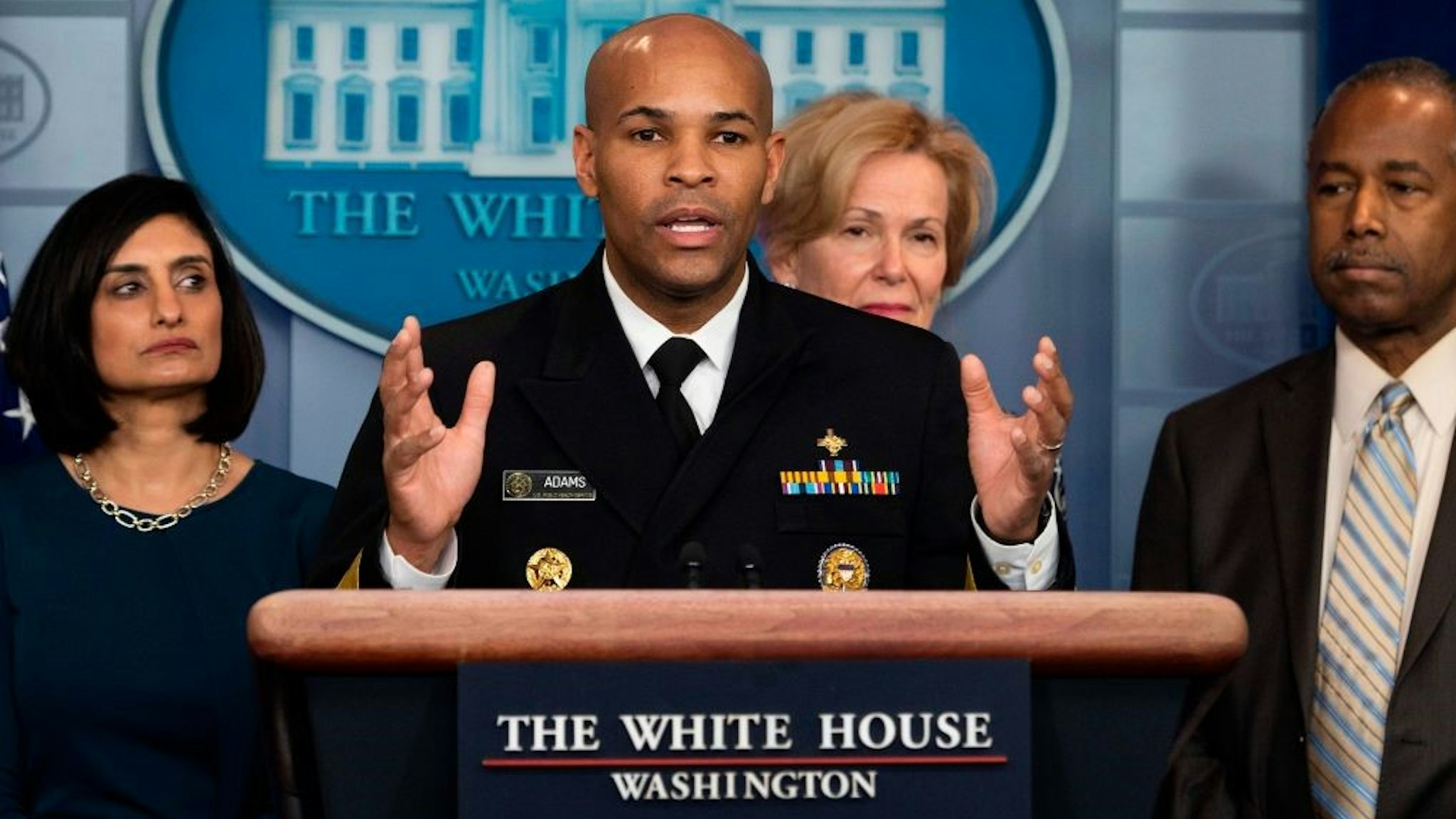 US Surgeon General Jerome Adams speaks during a press briefing about the Coronavirus (COVID-19) in the Brady Press Briefing Room at the White House in Washington, DC, March 14, 2020. (Photo by JIM WATSON / AFP) (Photo by