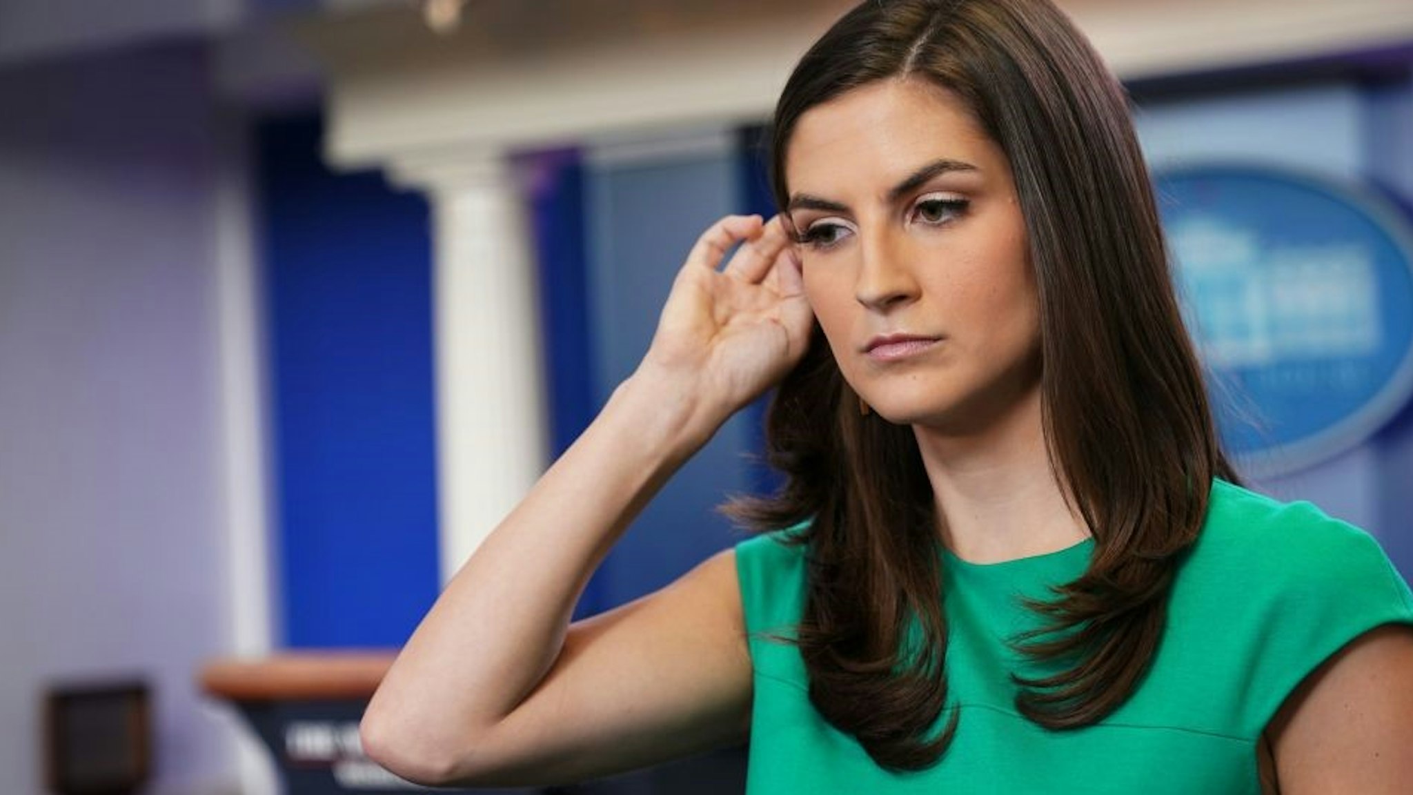 CNN White House correspondent Kaitlan Collins is seen in the Brady Briefing Room of the White House before the start of the daily briefing on August 15, 2018 in Washington, DC. (Photo by MANDEL NGAN / AFP) (Photo credit should read