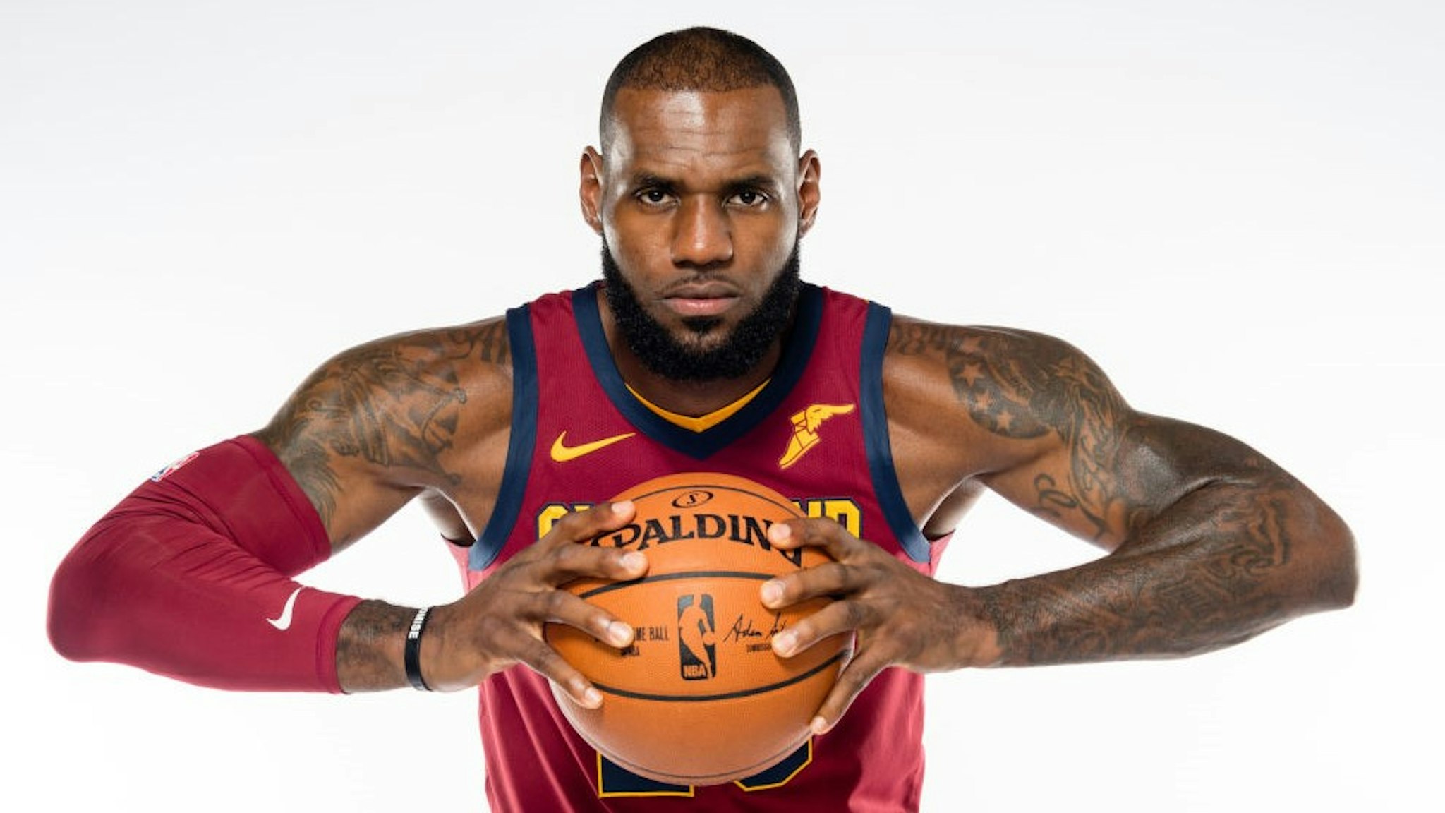 LeBron James #23 of the Cleveland Cavaliers poses during media day at Cleveland Clinic Courts on September 25, 2017 in Independence, Ohio. NOTE TO USER: User expressly acknowledges and agrees that, by downloading and/or using this photograph, user is consenting to the terms and conditions of the Getty Images License Agreement. (Photo by
