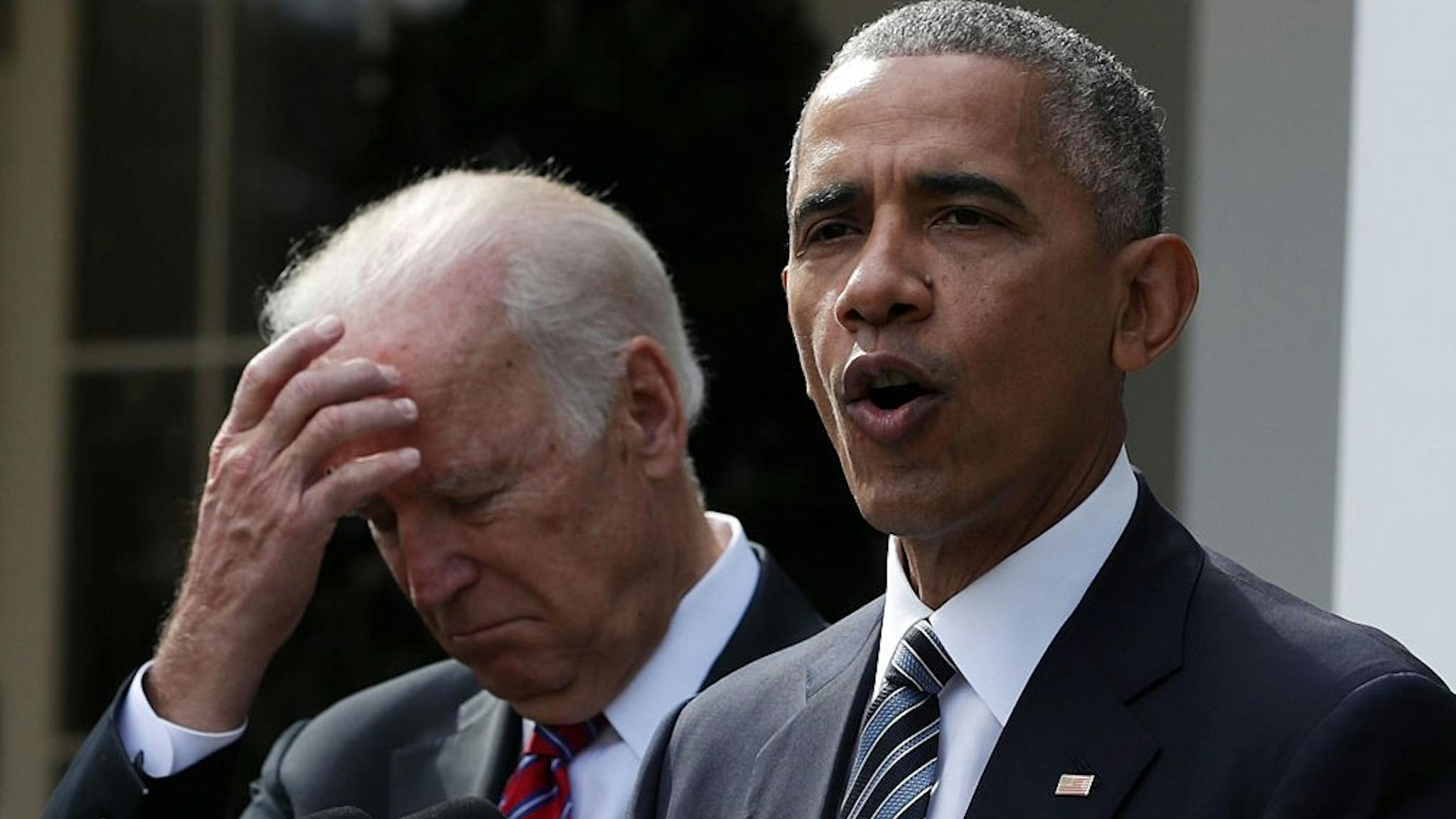 President Obama Makes At Statement At White House After Presidential Election WASHINGTON, DC - NOVEMBER 09: U.S. President Barack Obama makes a statement on the election results as Vice President Joseph Biden listens in the Rose Garden at the White House November 9, 2016 in Washington, DC. Republican presidential nominee Donald Trump has won the election and will become the 45th president of the United States. (Photo by