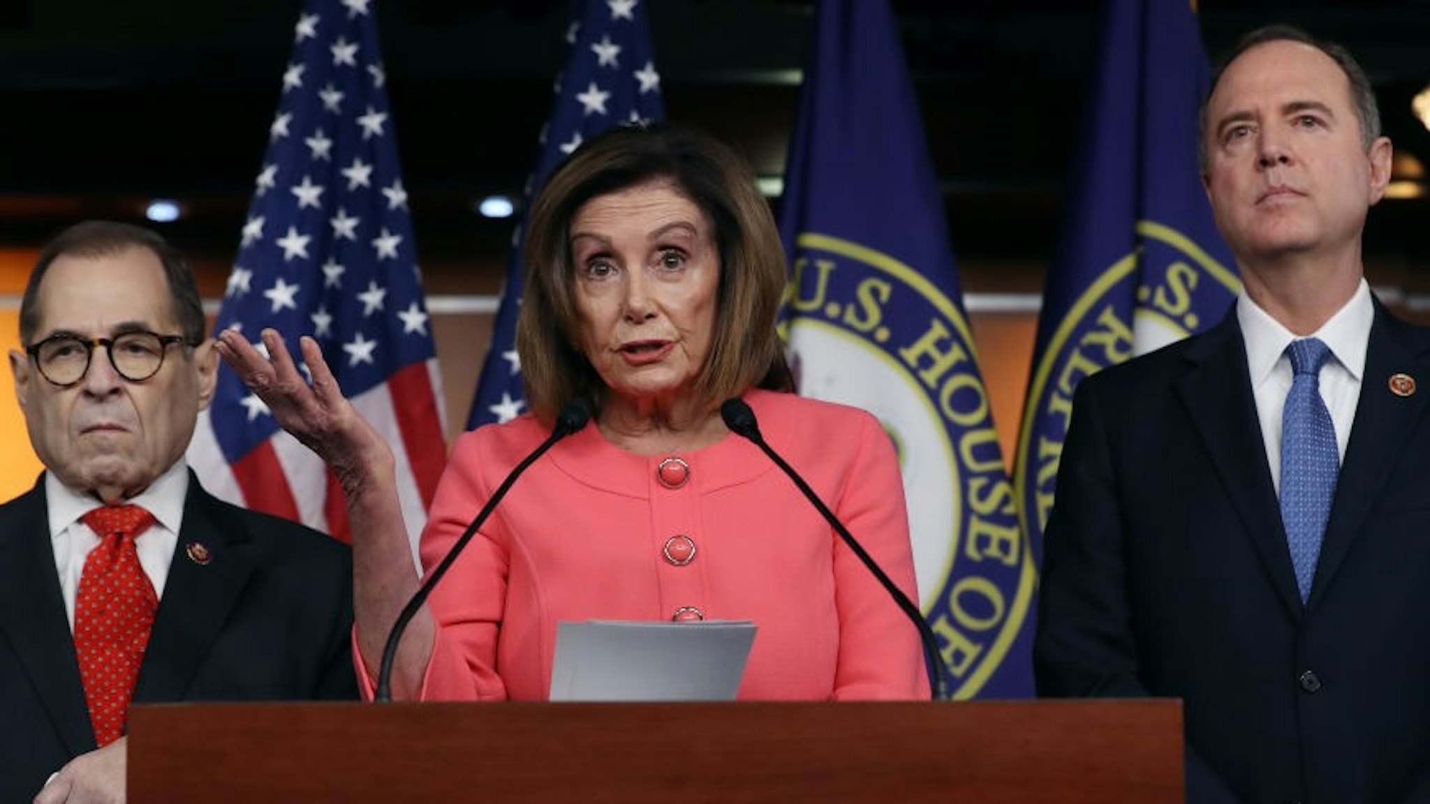 WASHINGTON, DC - JANUARY 15: U.S. Speaker of the House Nancy Pelosi (D-CA) (C) announces that Rep. Jerrold Nadler (D-NY) (L) and Rep. Adam Schiff (D-CA) will lead the seven managers of the Senate impeachment trial of President Donald Trump at the U.S. Capitol January 15, 2020 in Washington, DC. The House of Representatives is scheduled to vote to send the articles of impeachment to the Senate later in the day and Senate Majority Leader Mitch McConnell (R-KY) said the trial will begin next Tuesday. (Photo by