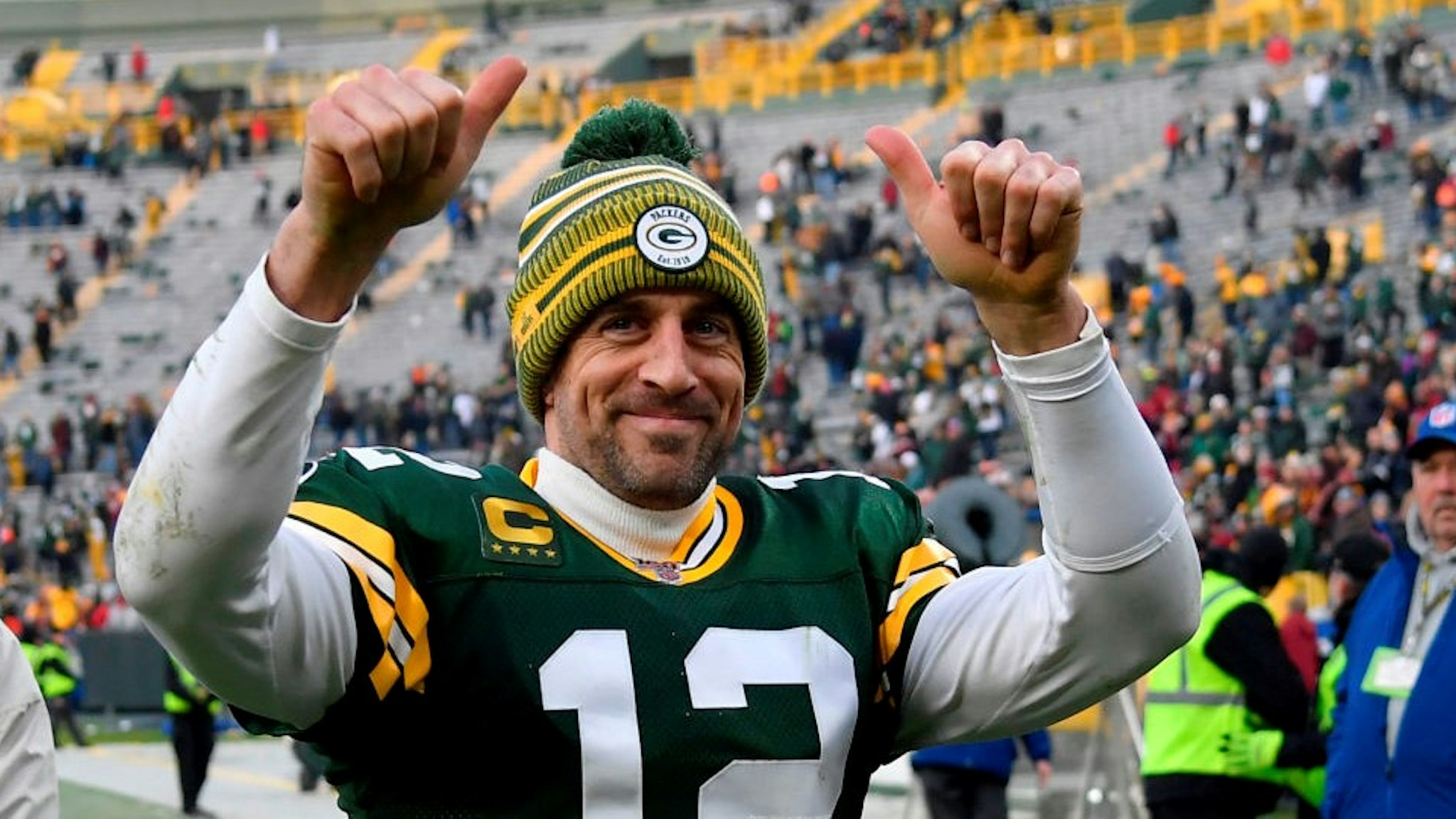 GREEN BAY, WISCONSIN - DECEMBER 08: Aaron Rodgers #12 of the Green Bay Packers reacts after getting the win against the Washington Redskins at Lambeau Field on December 08, 2019 in Green Bay, Wisconsin. (Photo by