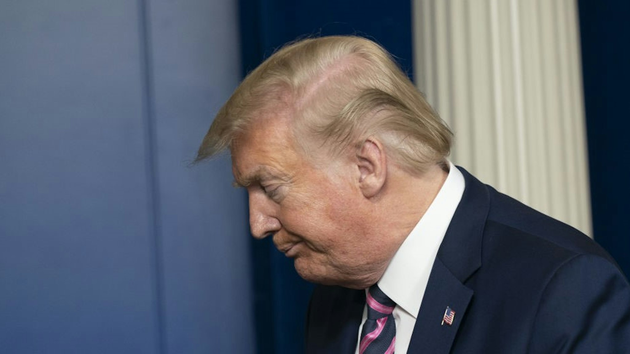 U.S. President Donald Trump leaves after a news conference in the White House in Washington, D.C., U.S., on Friday, April 24, 2020. Trump has been determined to talk his way through the coronavirus crisis, but his frequent misstatements at his daily news conferences have caused a litany of public health and political headaches for the White House. Photographer: