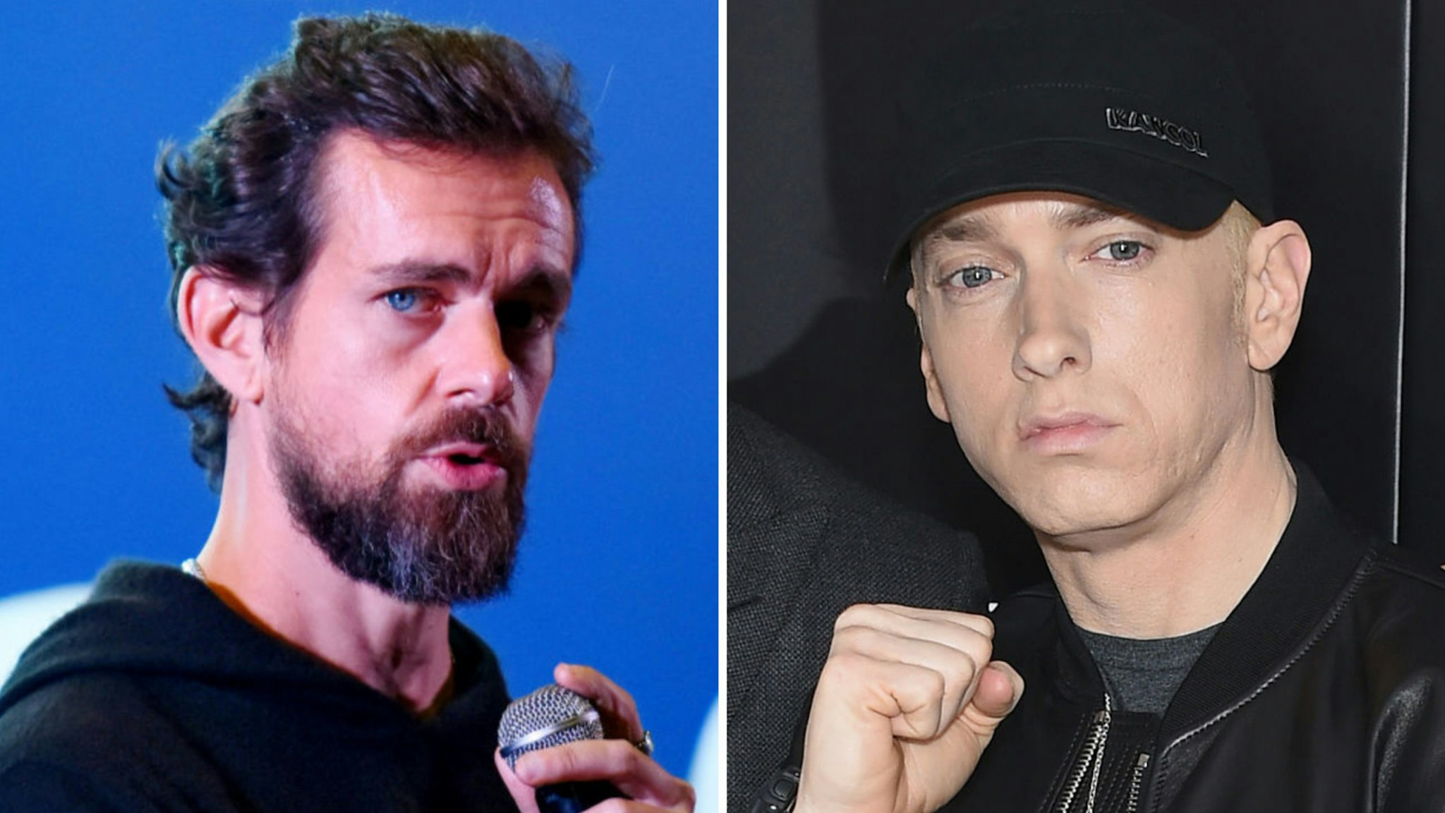 Twitter CEO and Co Founder, Jack Dorsey addresses students at the Indian Institute of Technology (IIT), on November 12, 2018 in New Delhi, India...Eminem attends the 'Southpaw' New York Premiere at AMC Loews Lincoln Square on July 20, 2015 in New York City.