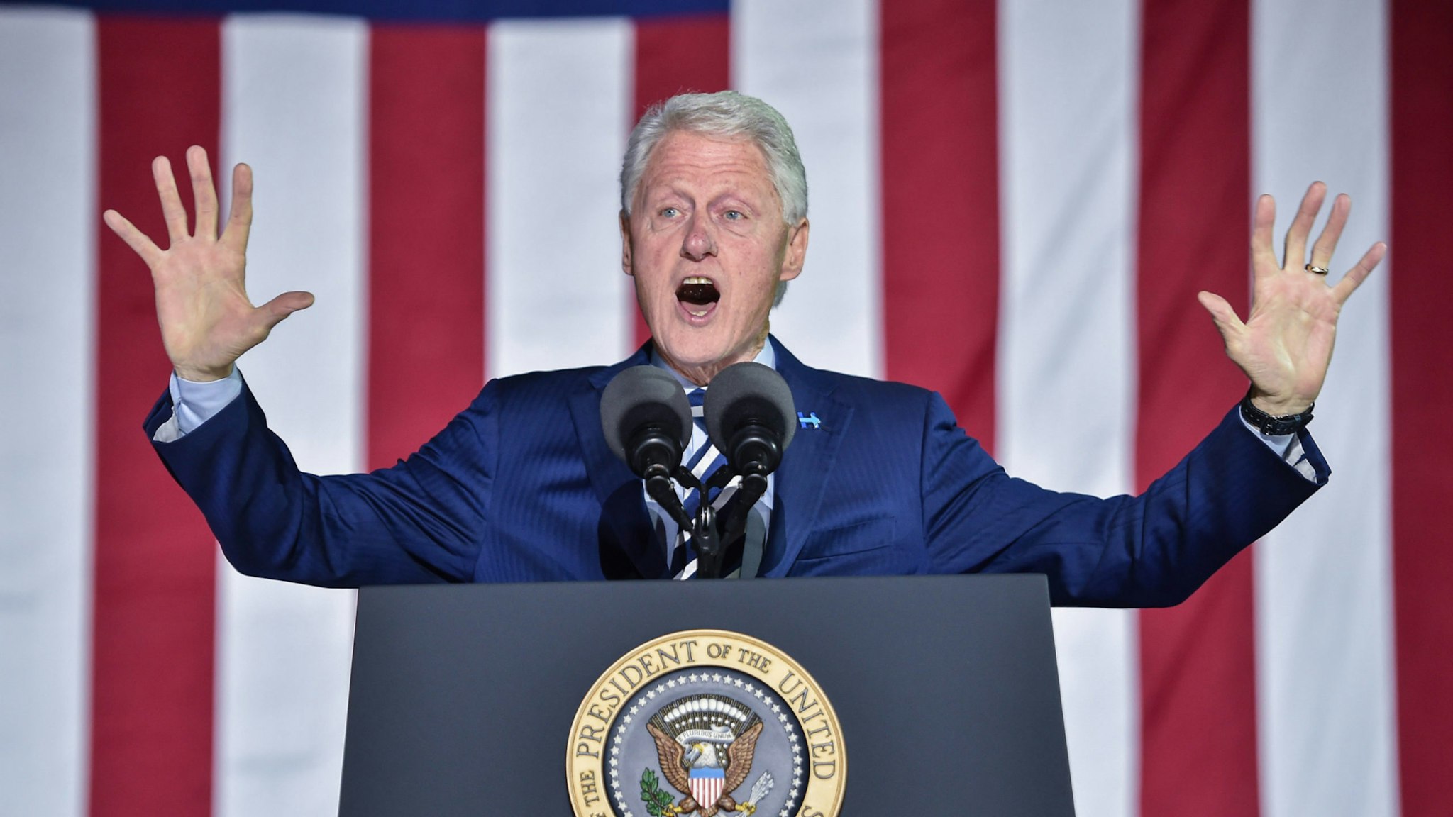 Former US president Bill Clinton addresses a rally for his wife Democratic presidential candidate Hillary Clinton on the final night of the 2016 US presidential campaign at Independence Mall in Philadelphia, Pennsylvania, November 07, 2016.