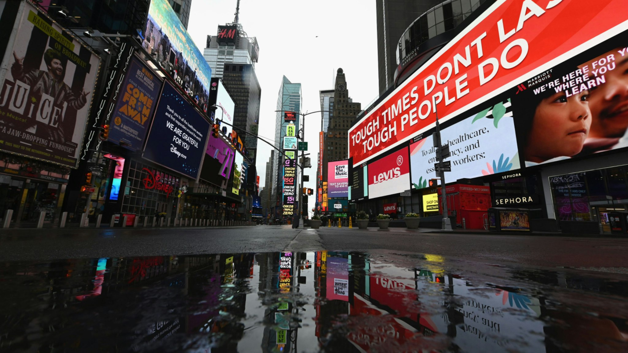 A view of a nearly empty Time Square on April 09, 2020 in New York City.