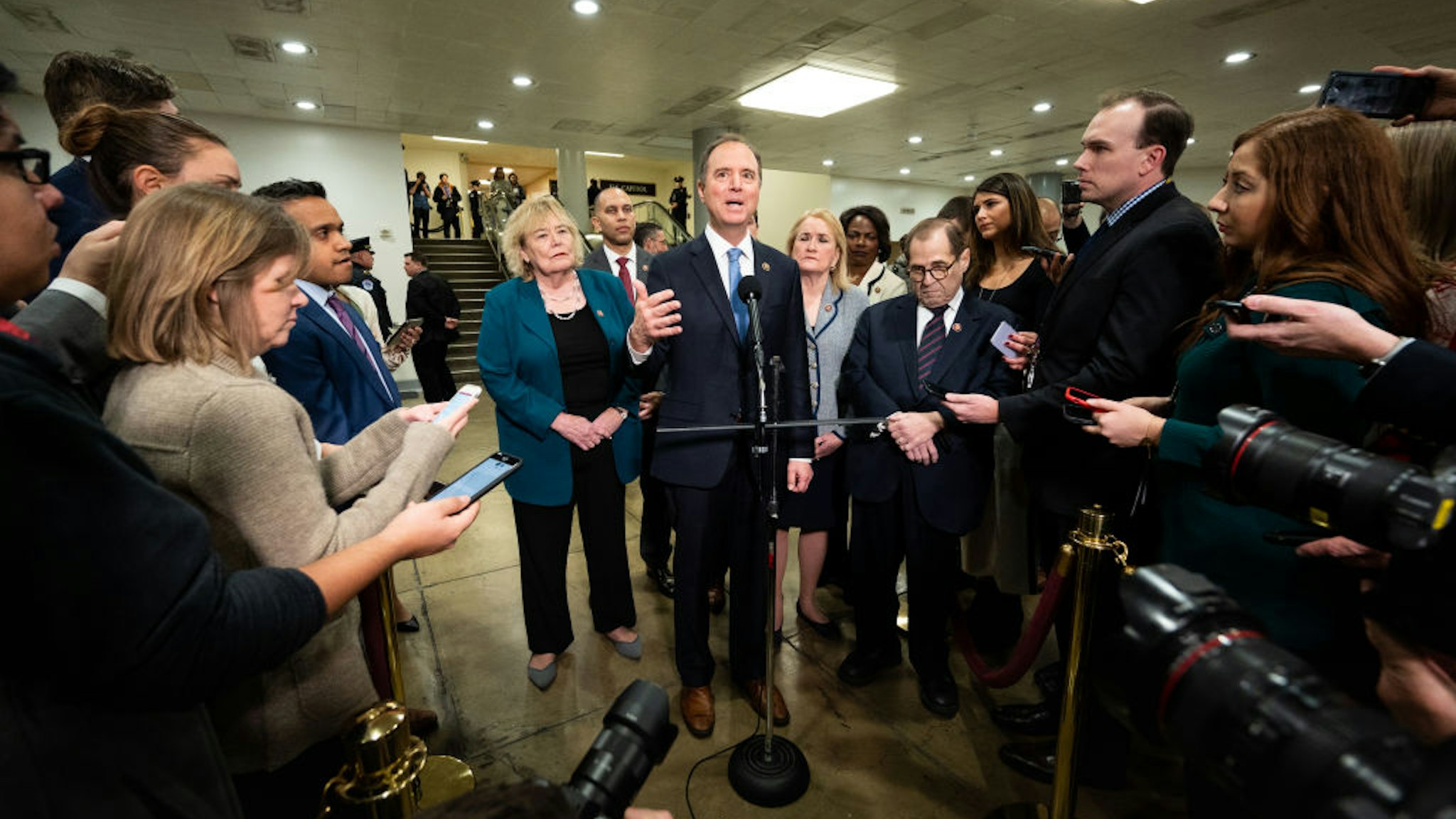 U.S. Representative Adam Schiff (D-CA), accompanied by other House impeachment managers discusses the Senate impeachment trial.- PHOTOGRAPH BY Michael Brochstein / Echoes Wire/ Barcroft Media