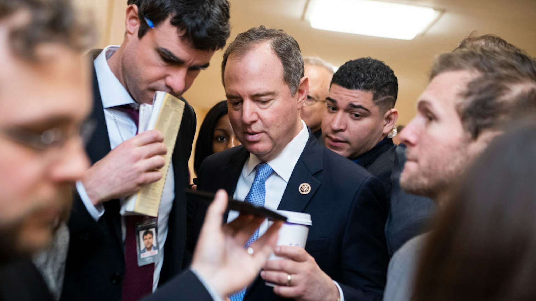 Rep. Adam Schiff, D-Calif., talks with reporters after a meeting of the House Democratic Caucus in the Capitol on Tuesday, March 3, 2020. (Photo By Tom Williams/CQ Roll Call)