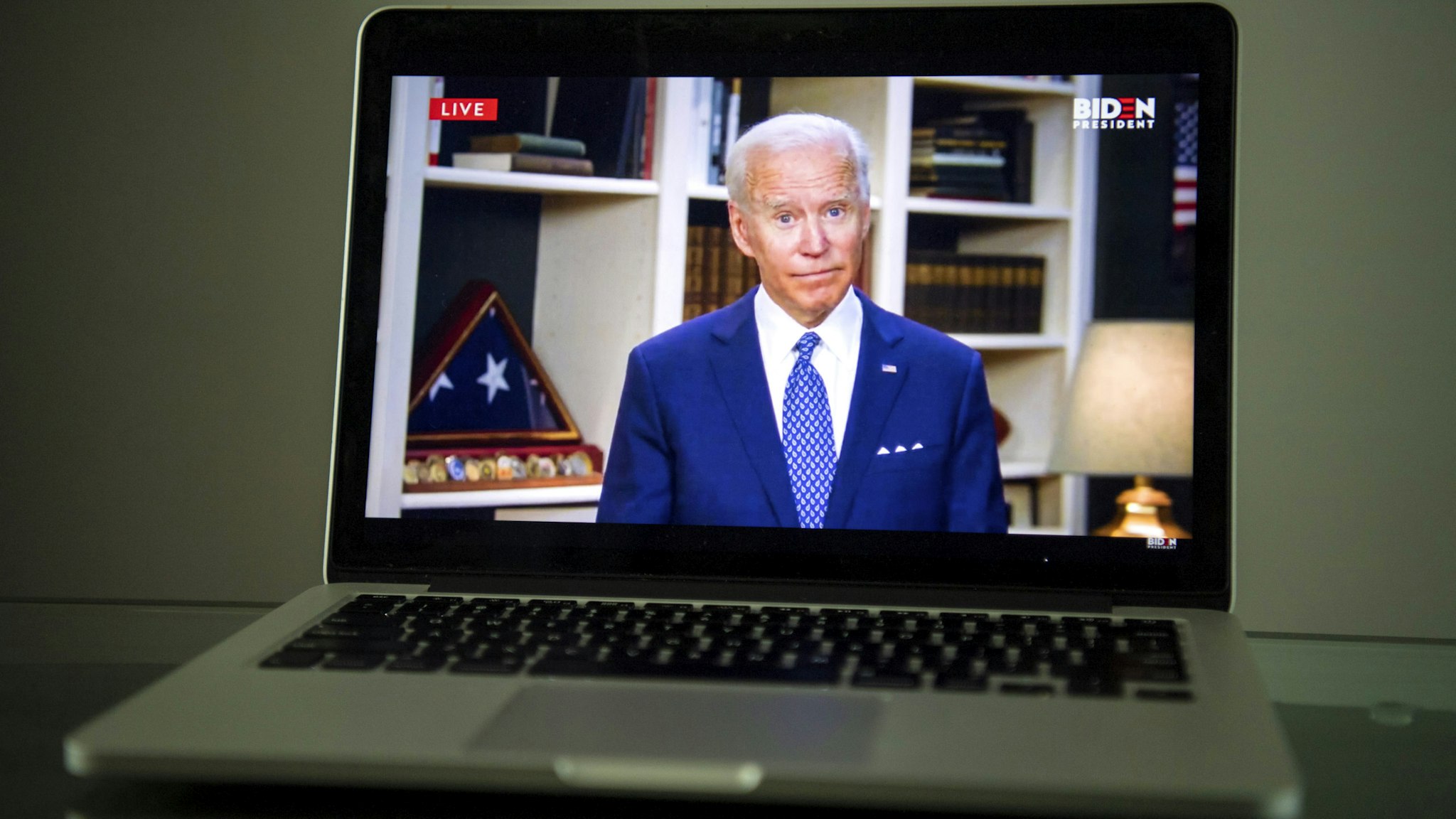 WASHINGTON, DC - MAY 29: Former Vice President Joe Biden speaks from his home about George Floyd's death and the protests in Minnesota as seen livestreaming on a laptop in Washington, DC on May 29, 2020.